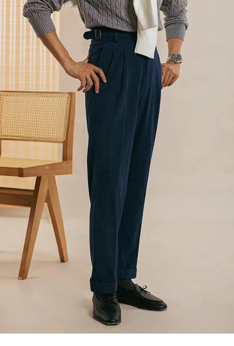 High Waist Side Buckle Corduroy Trousers