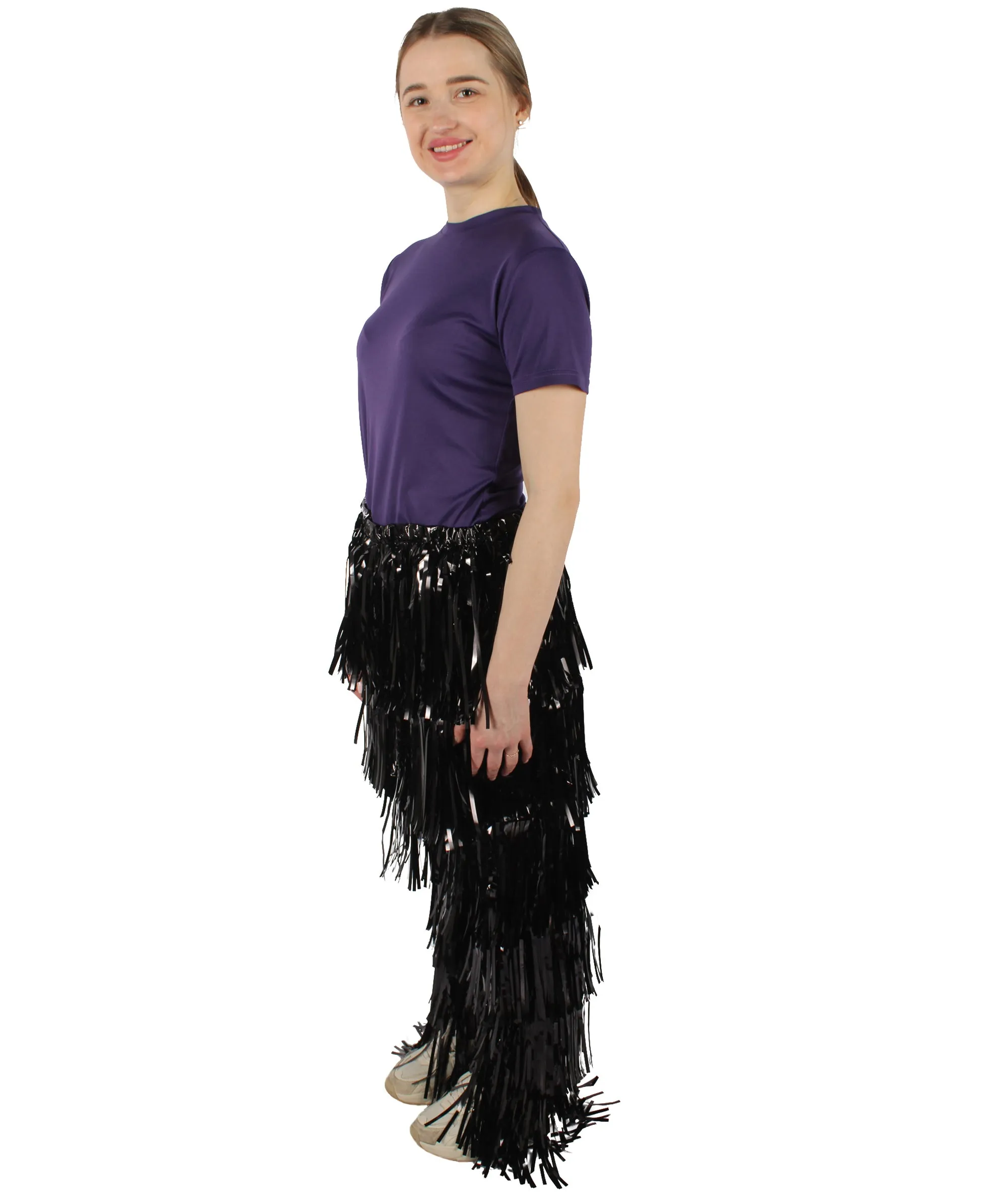 HPO Adult Women's Tinsel Fringed Tiered Black Trousers| Perfect for Halloween| Flame-retardant Synthetic Material