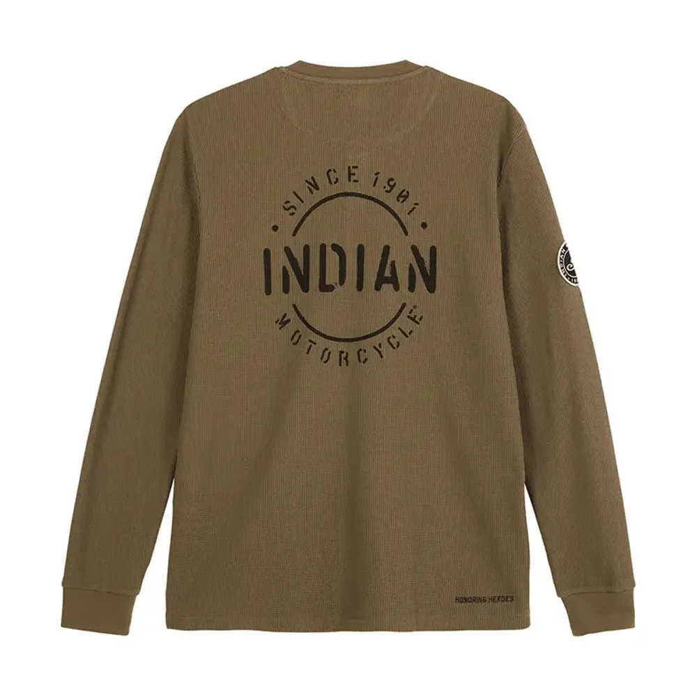 Indian Motorcycle  Polaris Mens Long Sleeve Stencil Block Icon Henley T-Shirt Tee