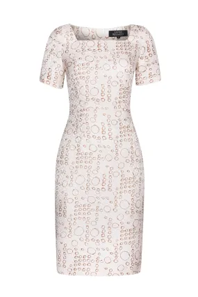 Ivory/Coffee Printed Shift Dress in Silk/Wool Matelassé with Square Neck - Alexa