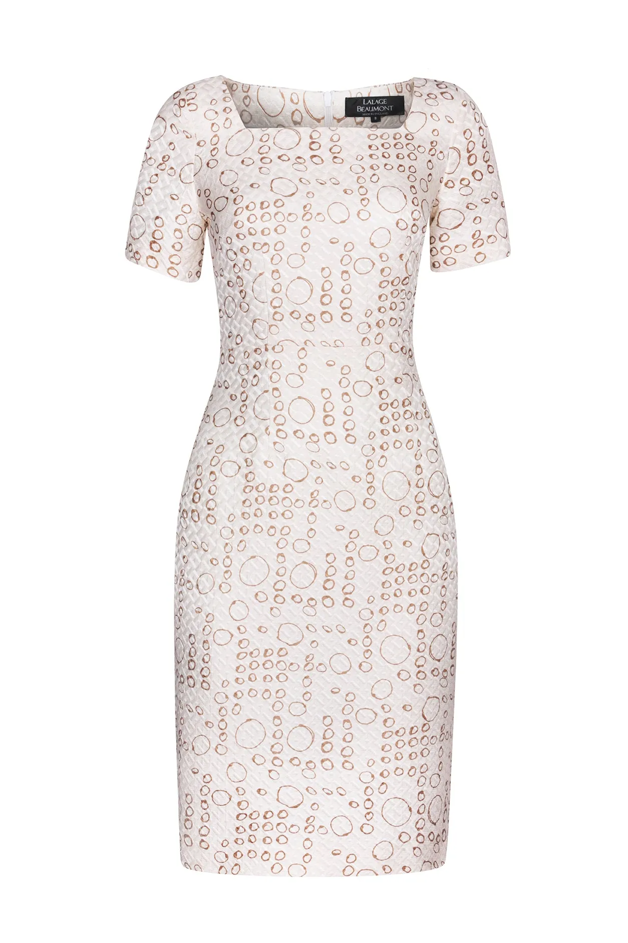 Ivory/Coffee Printed Shift Dress in Silk/Wool Matelassé with Square Neck - Alexa