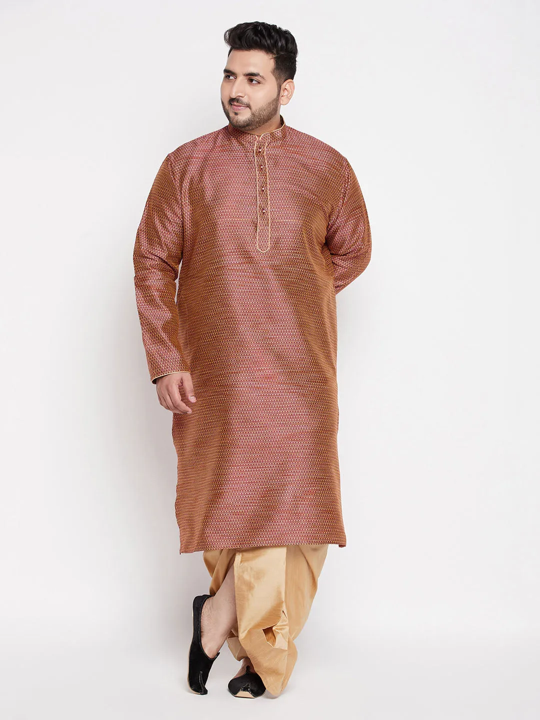 Jashvi Men's Plus Size Maroon Woven Kurta And Rose Gold Dhoti Set