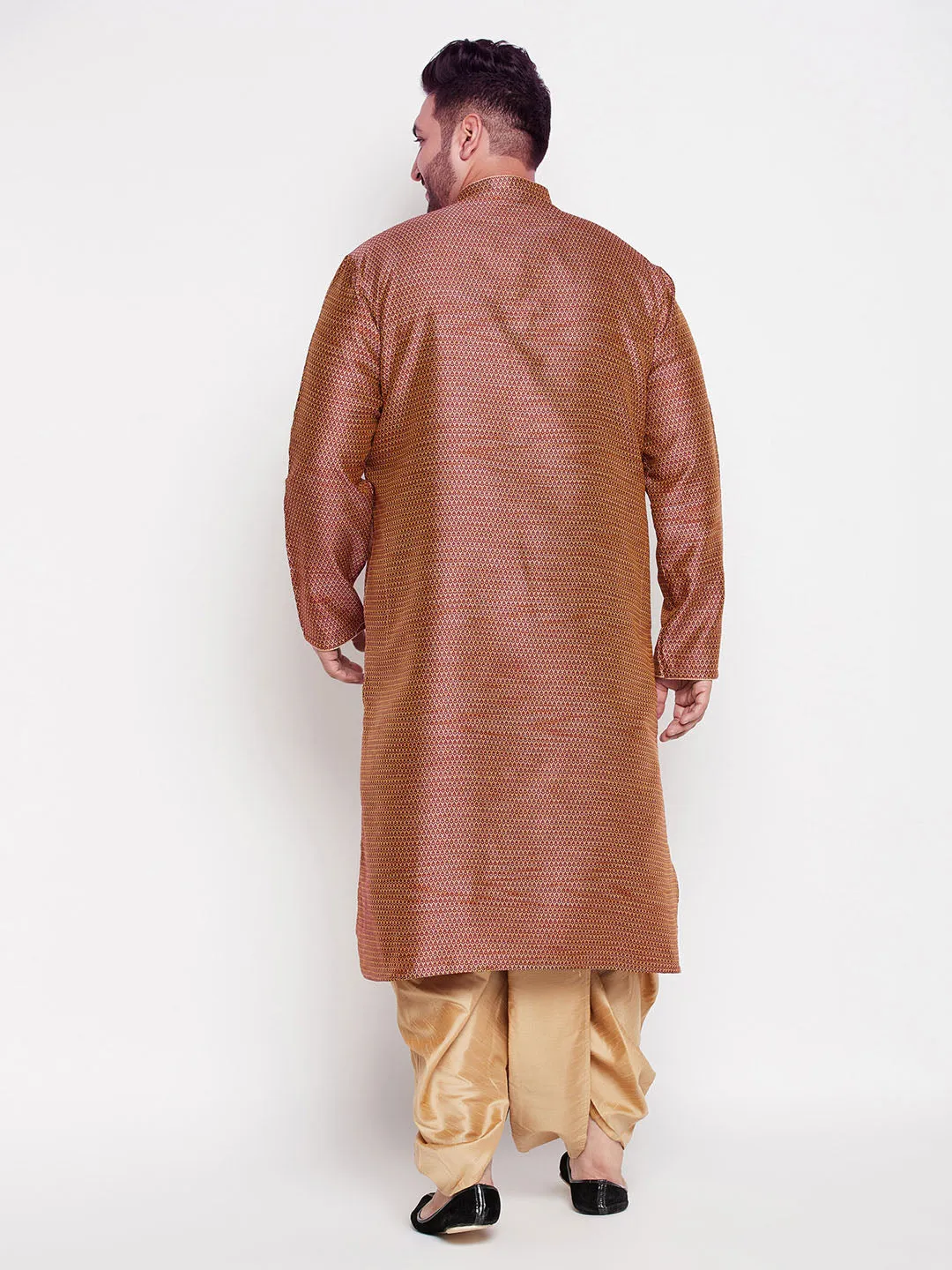 Jashvi Men's Plus Size Maroon Woven Kurta And Rose Gold Dhoti Set