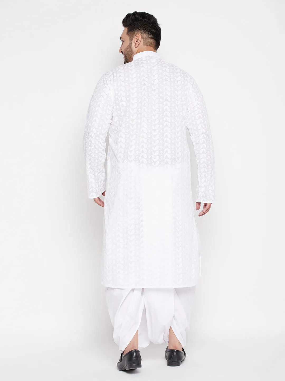 Jashvi Men's Plus Size White Chikankari Embroidered Kurta And Dhoti Set