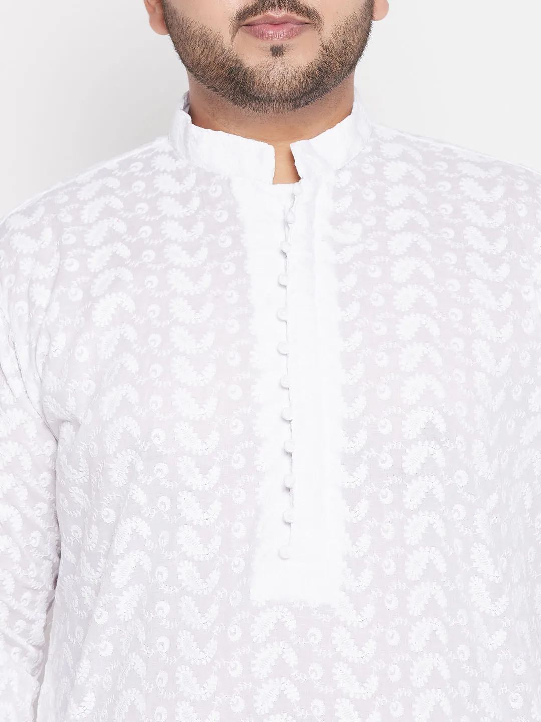 Jashvi Men's Plus Size White Chikankari Embroidered Kurta And Dhoti Set