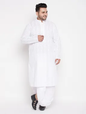 Jashvi Men's Plus Size White Chikankari Embroidered Kurta And Dhoti Set