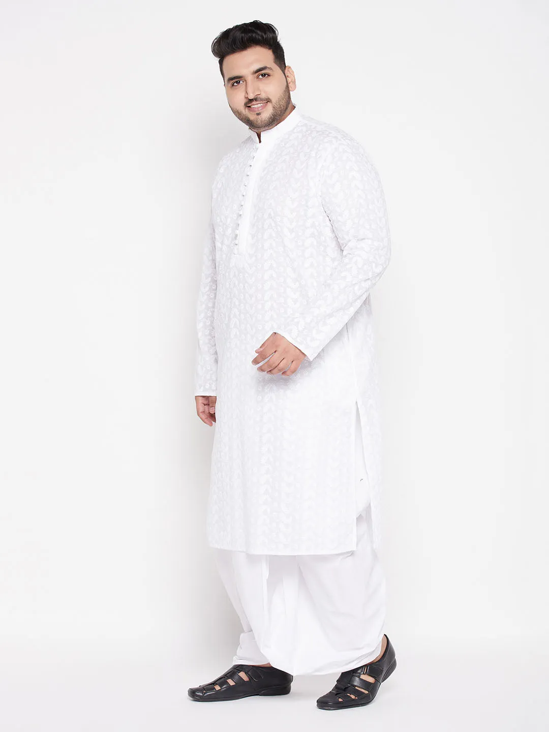 Jashvi Men's Plus Size White Chikankari Embroidered Kurta And Dhoti Set