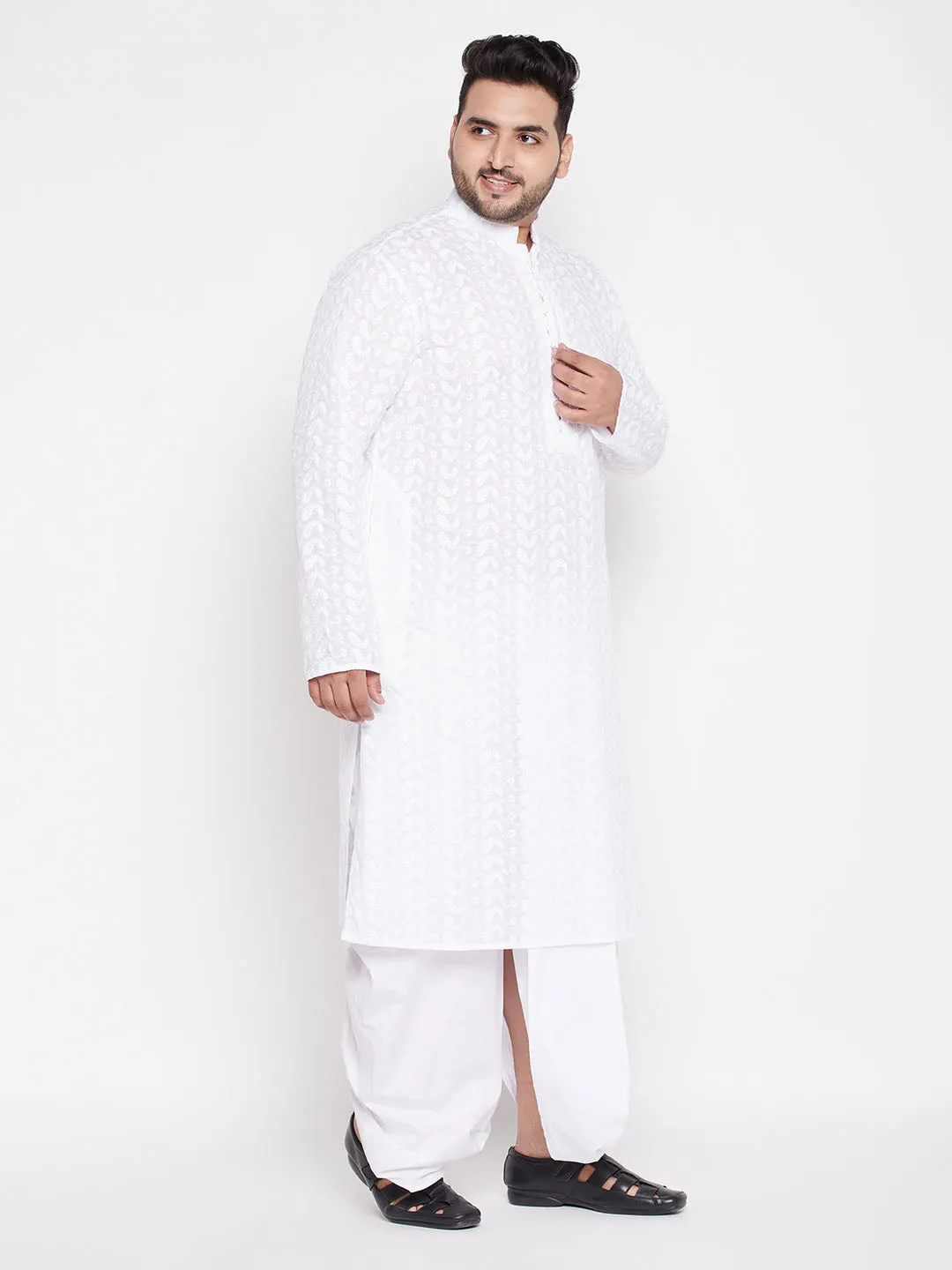 Jashvi Men's Plus Size White Chikankari Embroidered Kurta And Dhoti Set