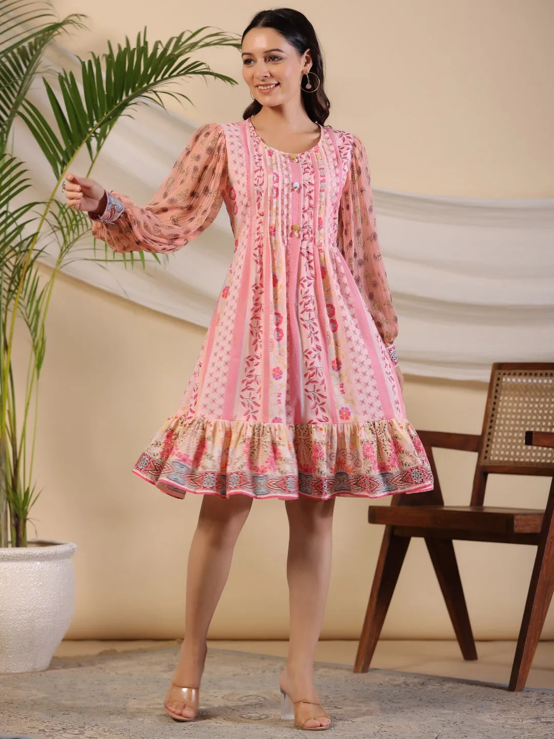 Jashvi Pink Wonderland Floral Printed Pure Cotton Midi Dress With Pintucks & 3D Handwork