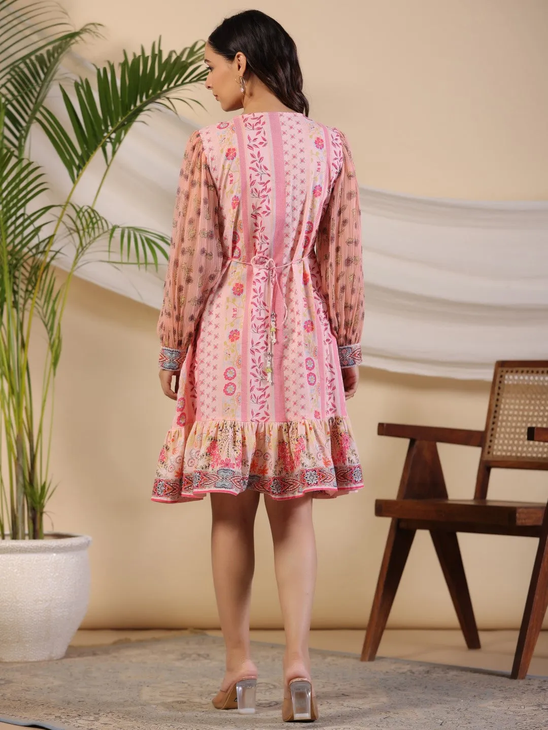 Jashvi Pink Wonderland Floral Printed Pure Cotton Midi Dress With Pintucks & 3D Handwork