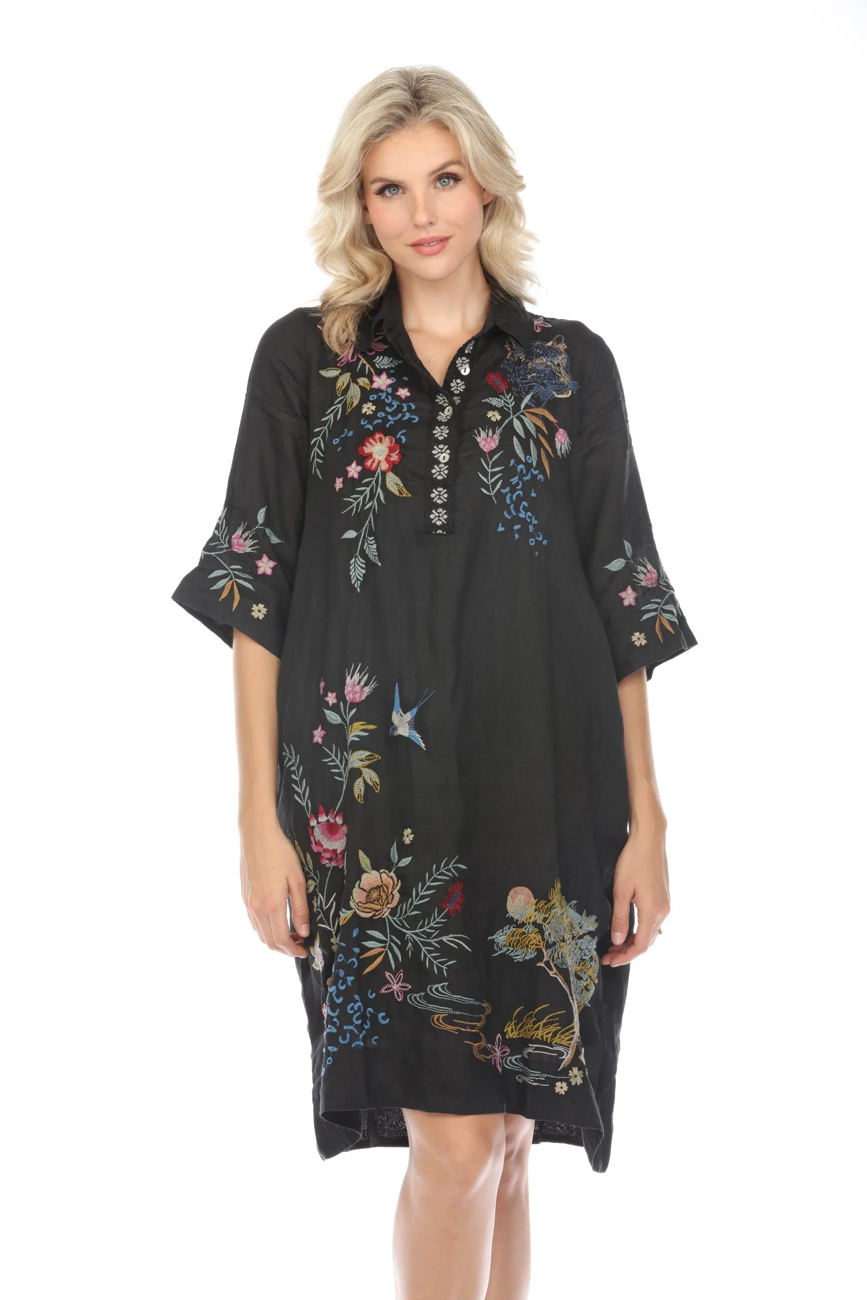 Johnny Was Workshop Black Indalo Henley Kimono Sleeve Shirt Dress Boho Chic W33024