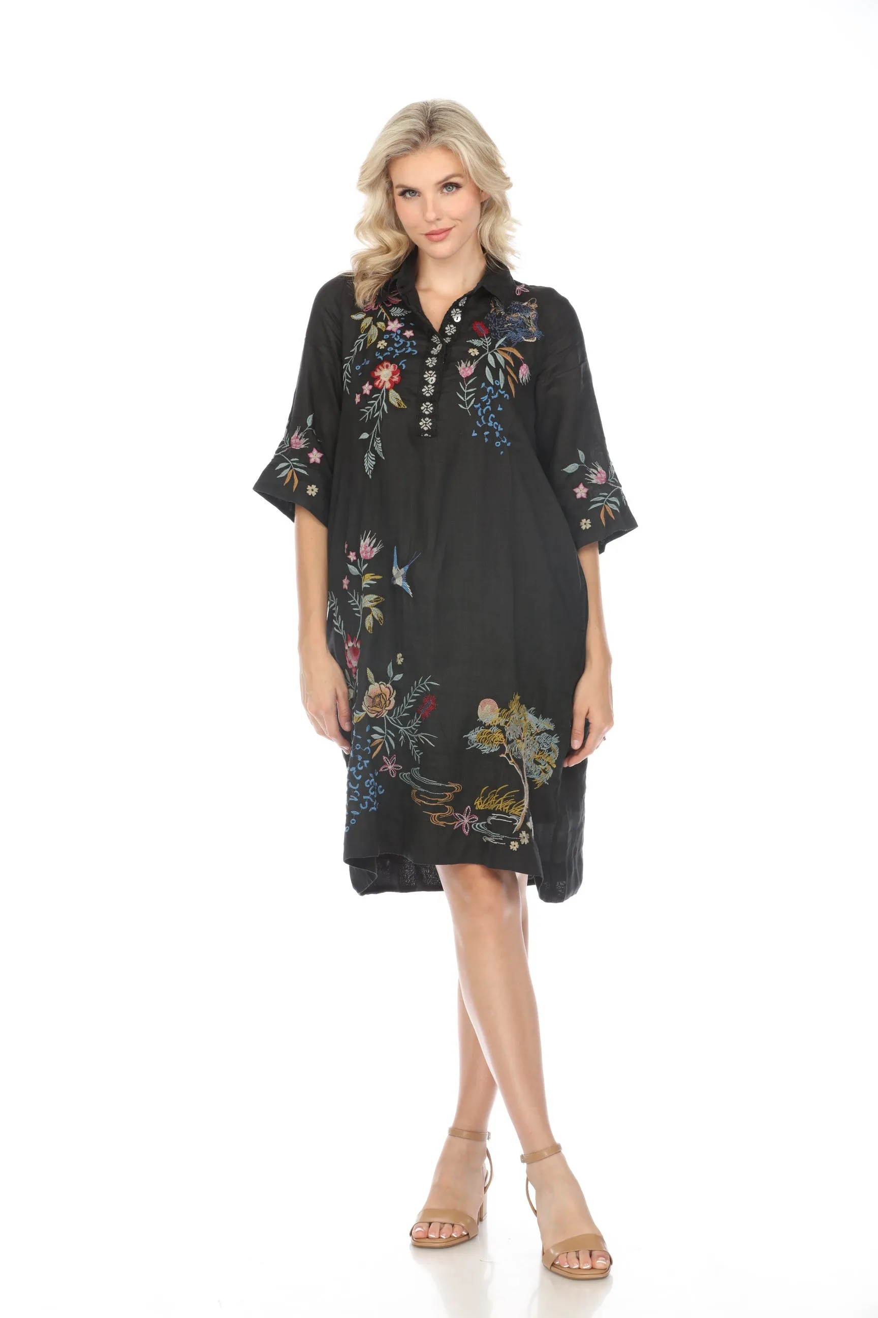 Johnny Was Workshop Black Indalo Henley Kimono Sleeve Shirt Dress Boho Chic W33024