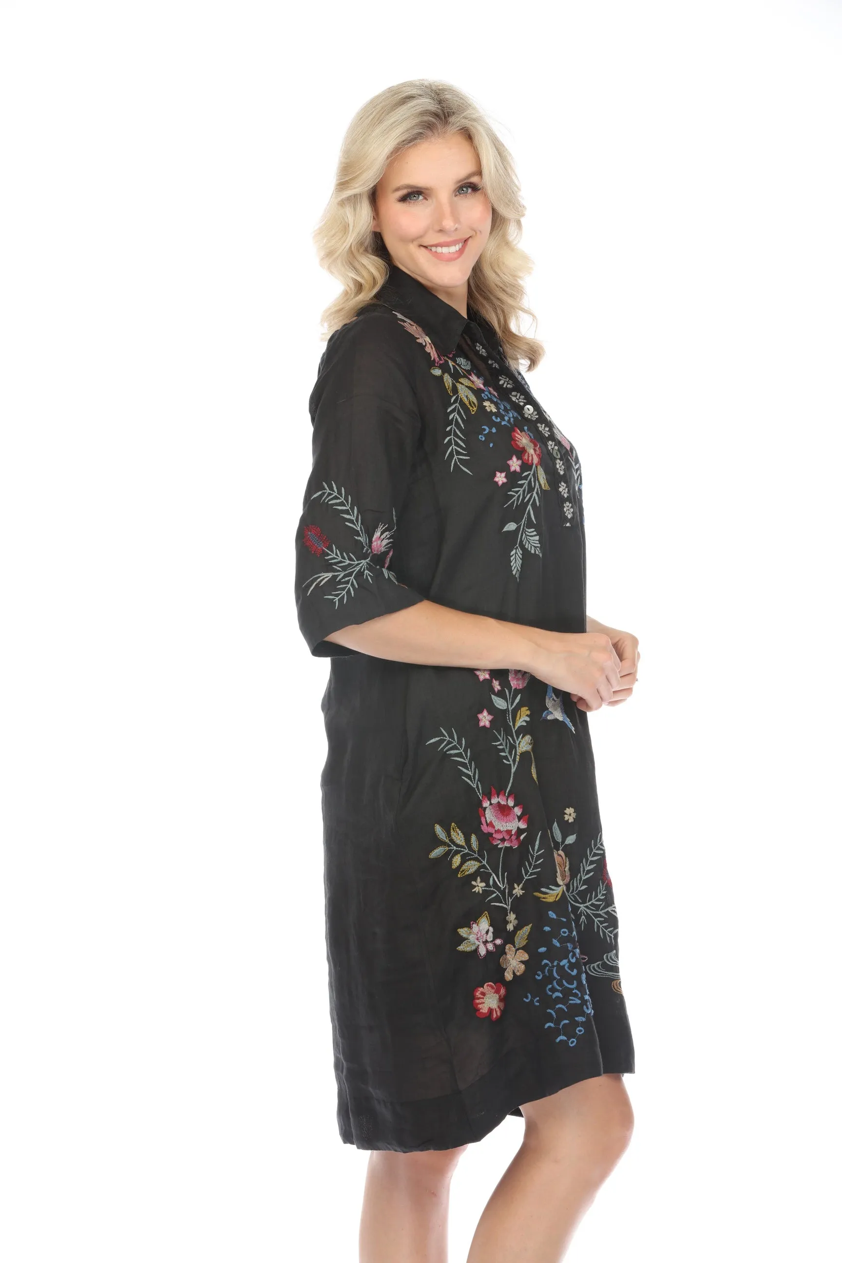 Johnny Was Workshop Black Indalo Henley Kimono Sleeve Shirt Dress Boho Chic W33024