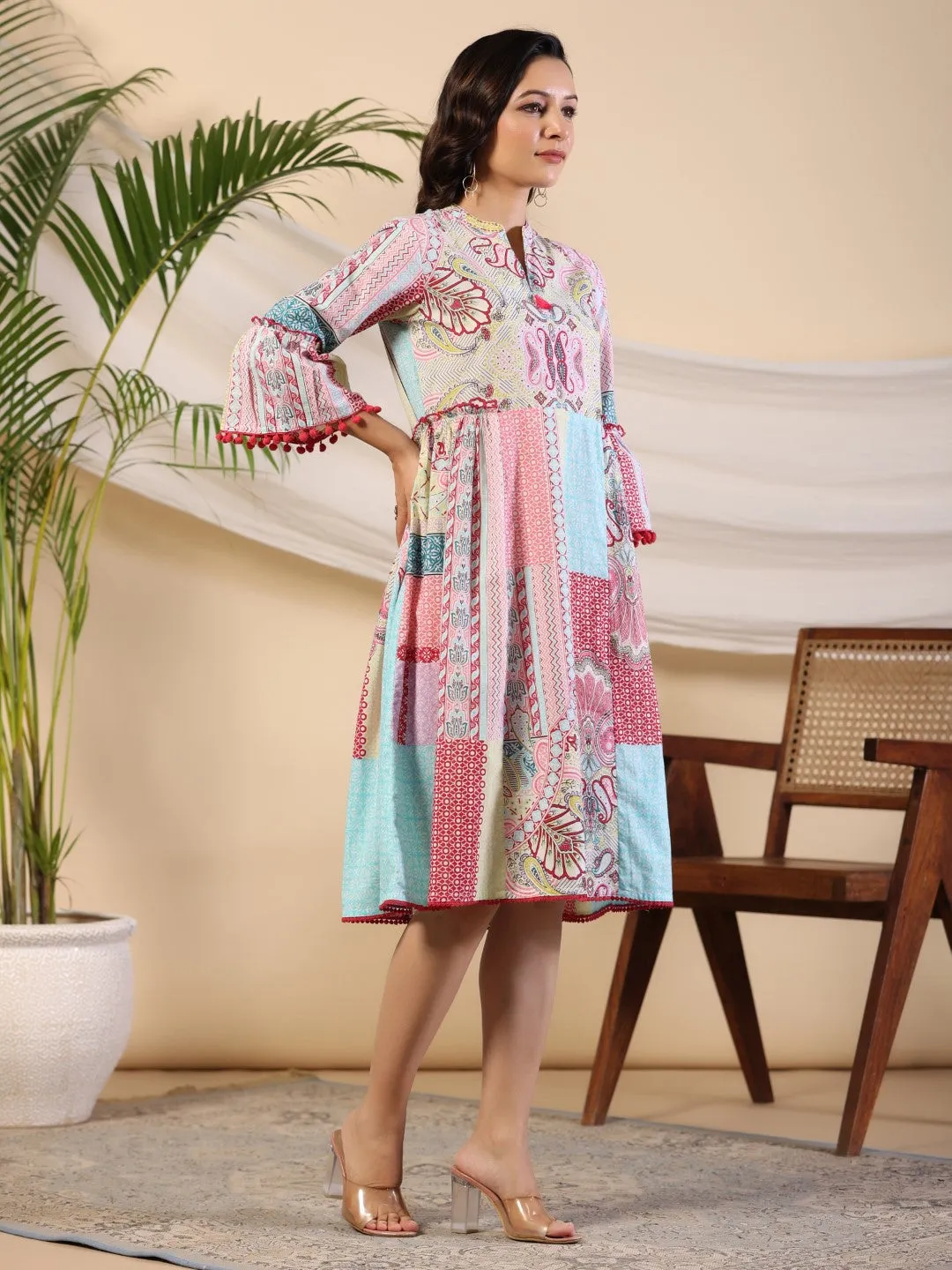 Juniper Multi-Colour Ethnic Motif Printed Pure Cotton Midi Dress With Sequined Work