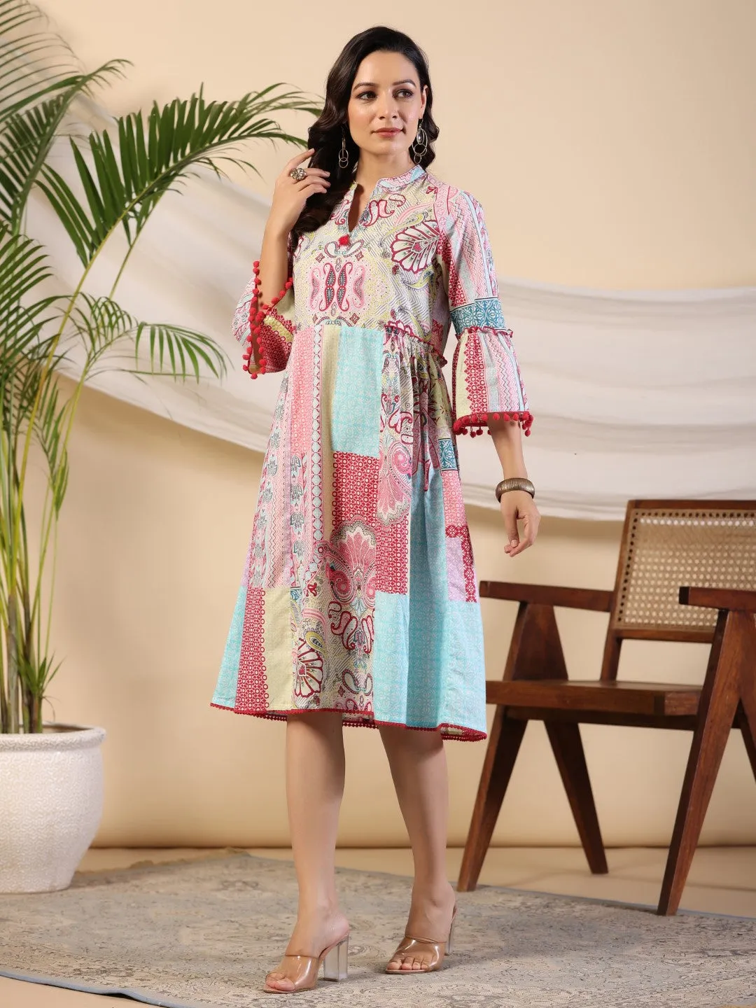 Juniper Multi-Colour Ethnic Motif Printed Pure Cotton Midi Dress With Sequined Work