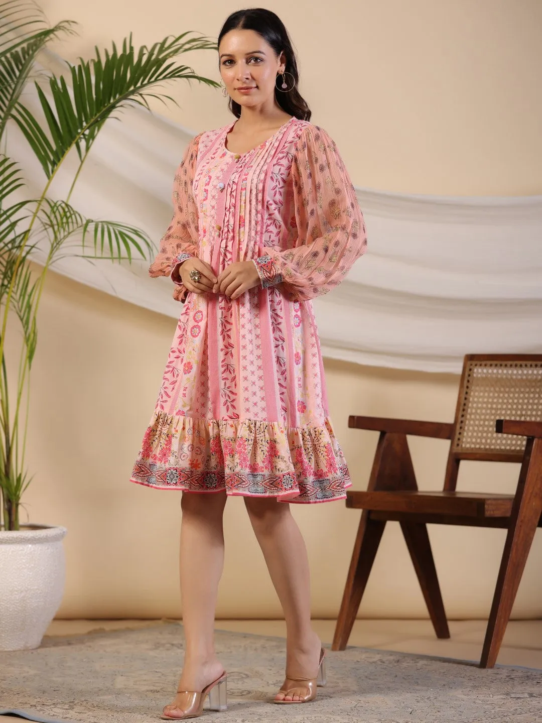 Juniper Pink Wonderland Floral Printed Pure Cotton Midi Dress With Pintucks & 3D Handwork