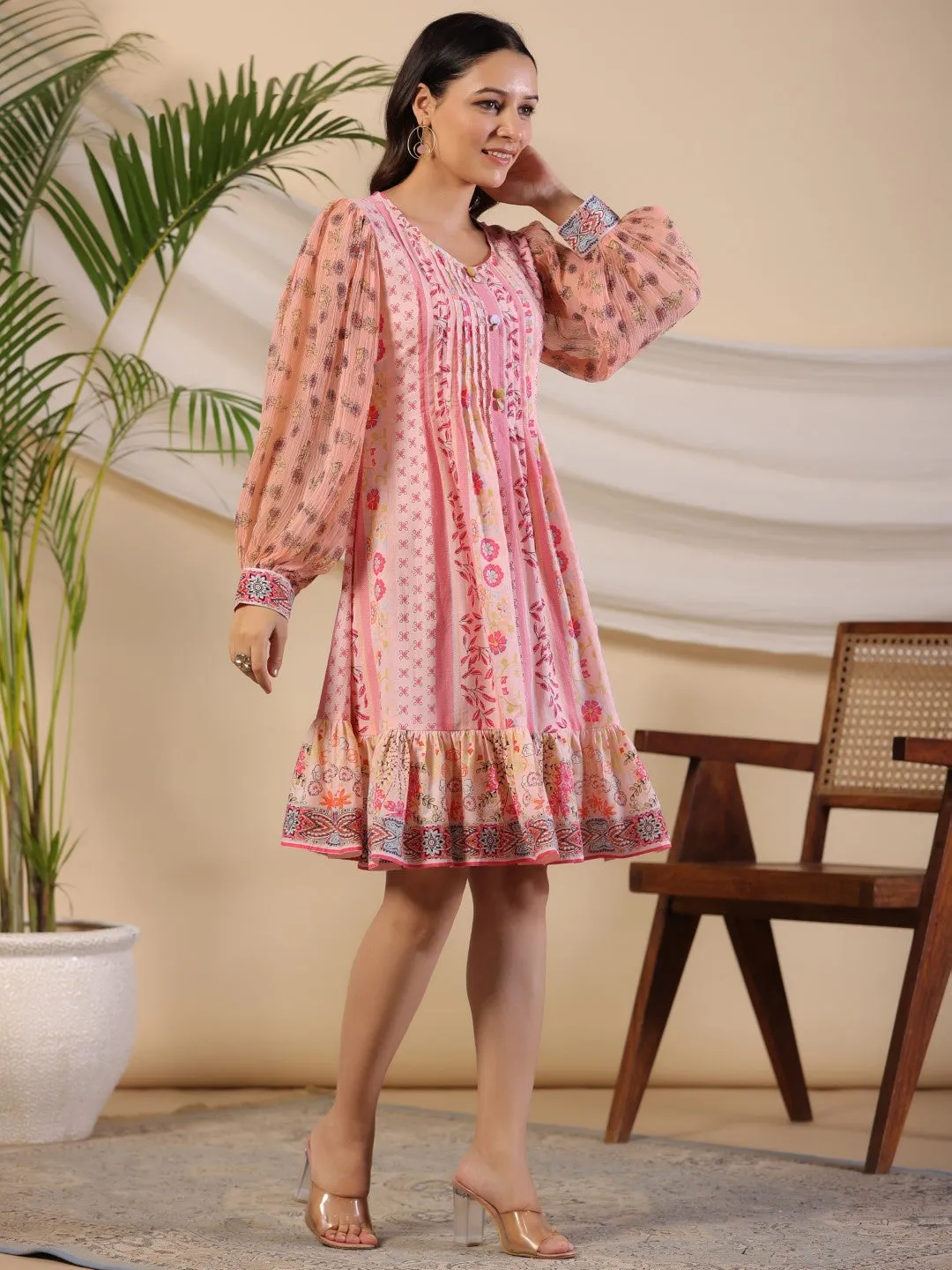 Juniper Pink Wonderland Floral Printed Pure Cotton Midi Dress With Pintucks & 3D Handwork