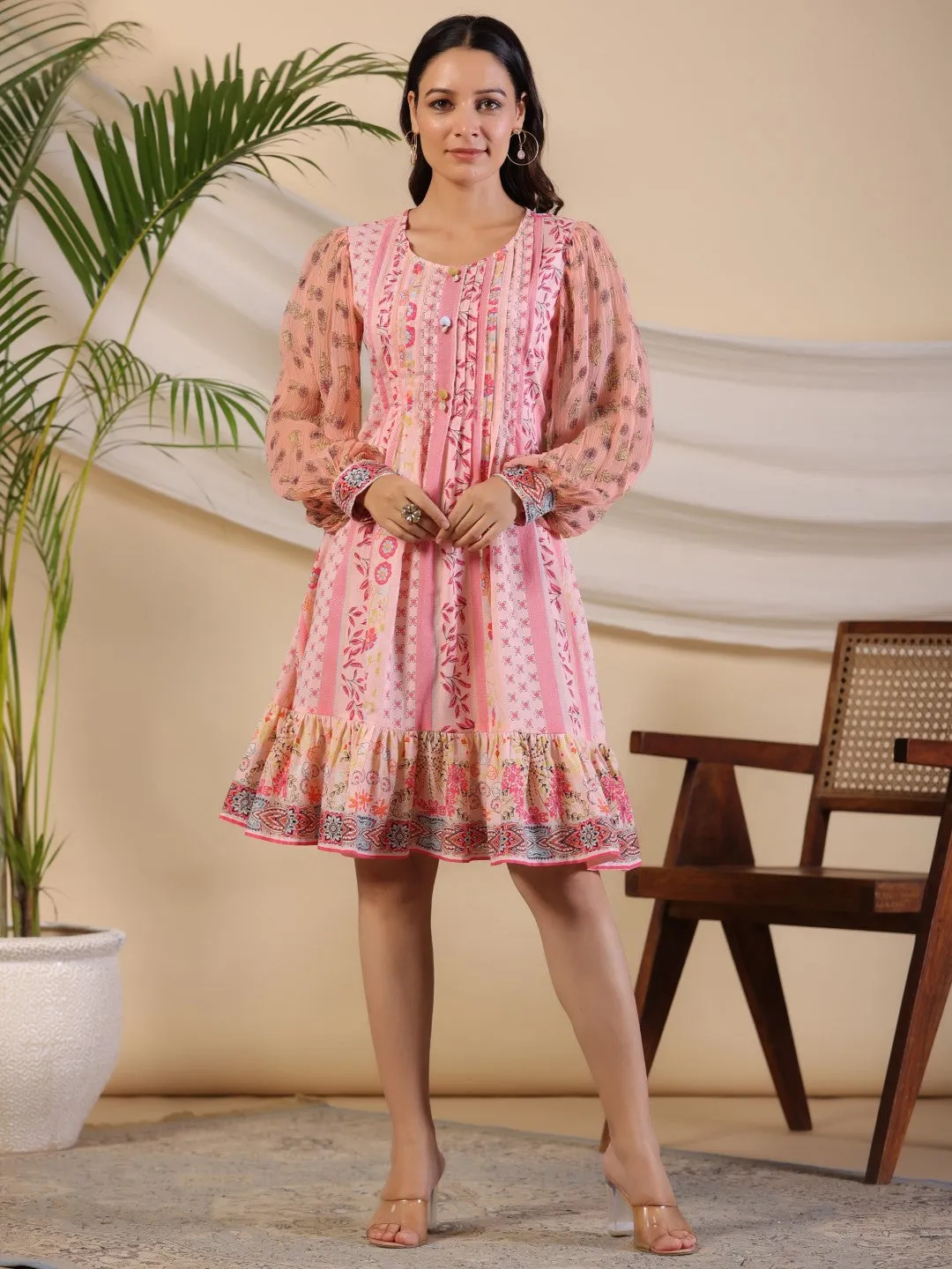 Juniper Pink Wonderland Floral Printed Pure Cotton Midi Dress With Pintucks & 3D Handwork