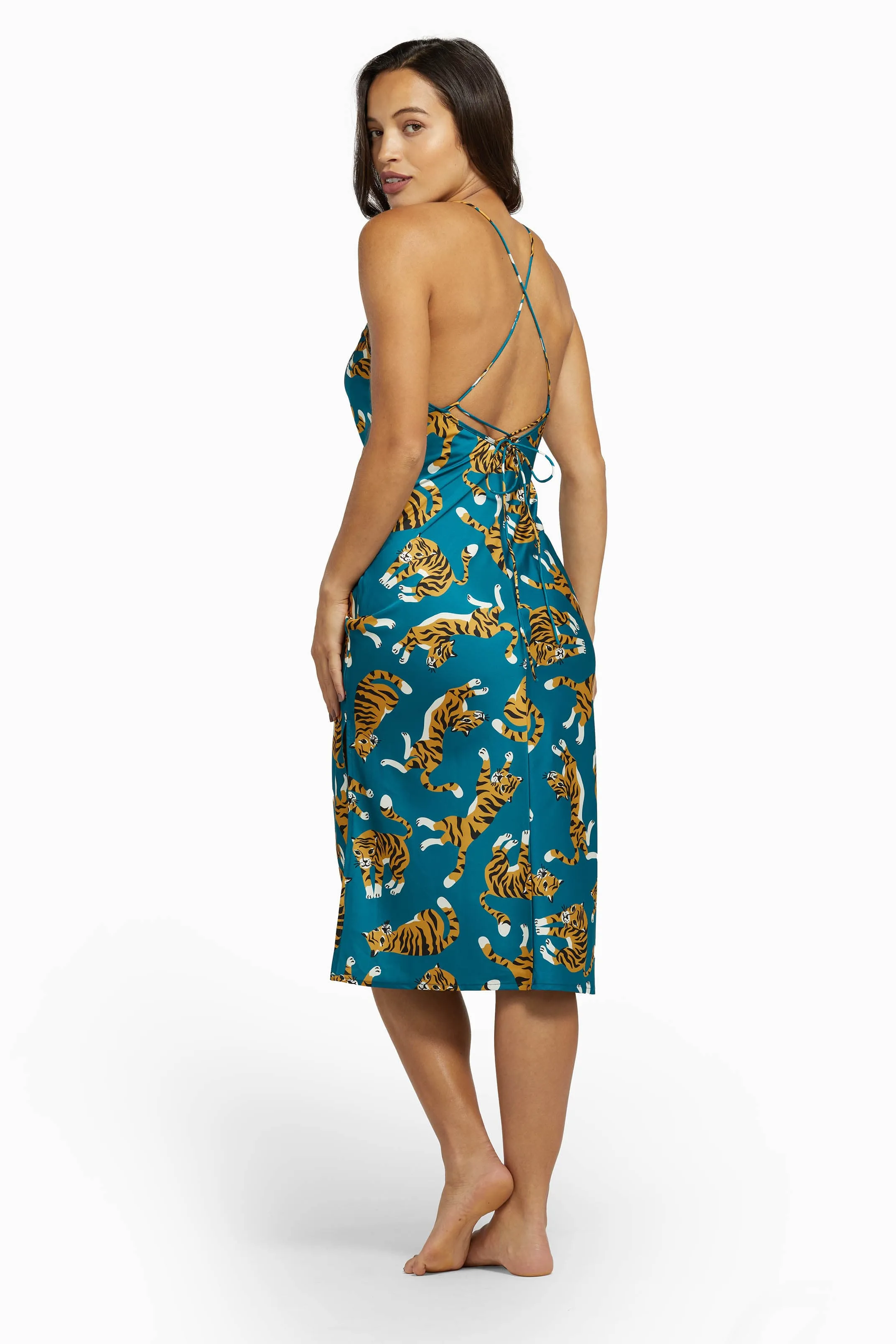 Kilo Brava Teal Tiger Satin Cowl Midi Slip Dress