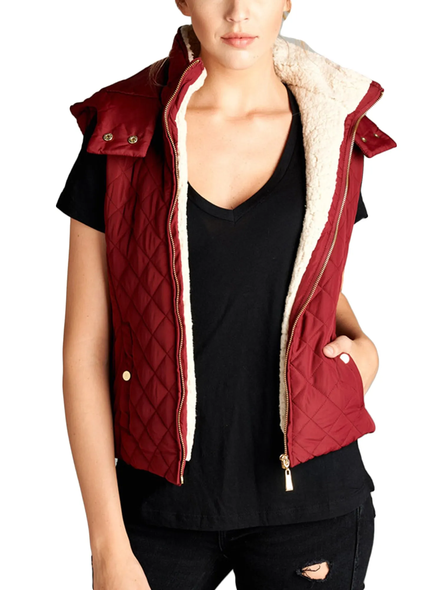 KOGMO Women's Quilted Lightweight Hoodie Vest with Sherpa Line Detail