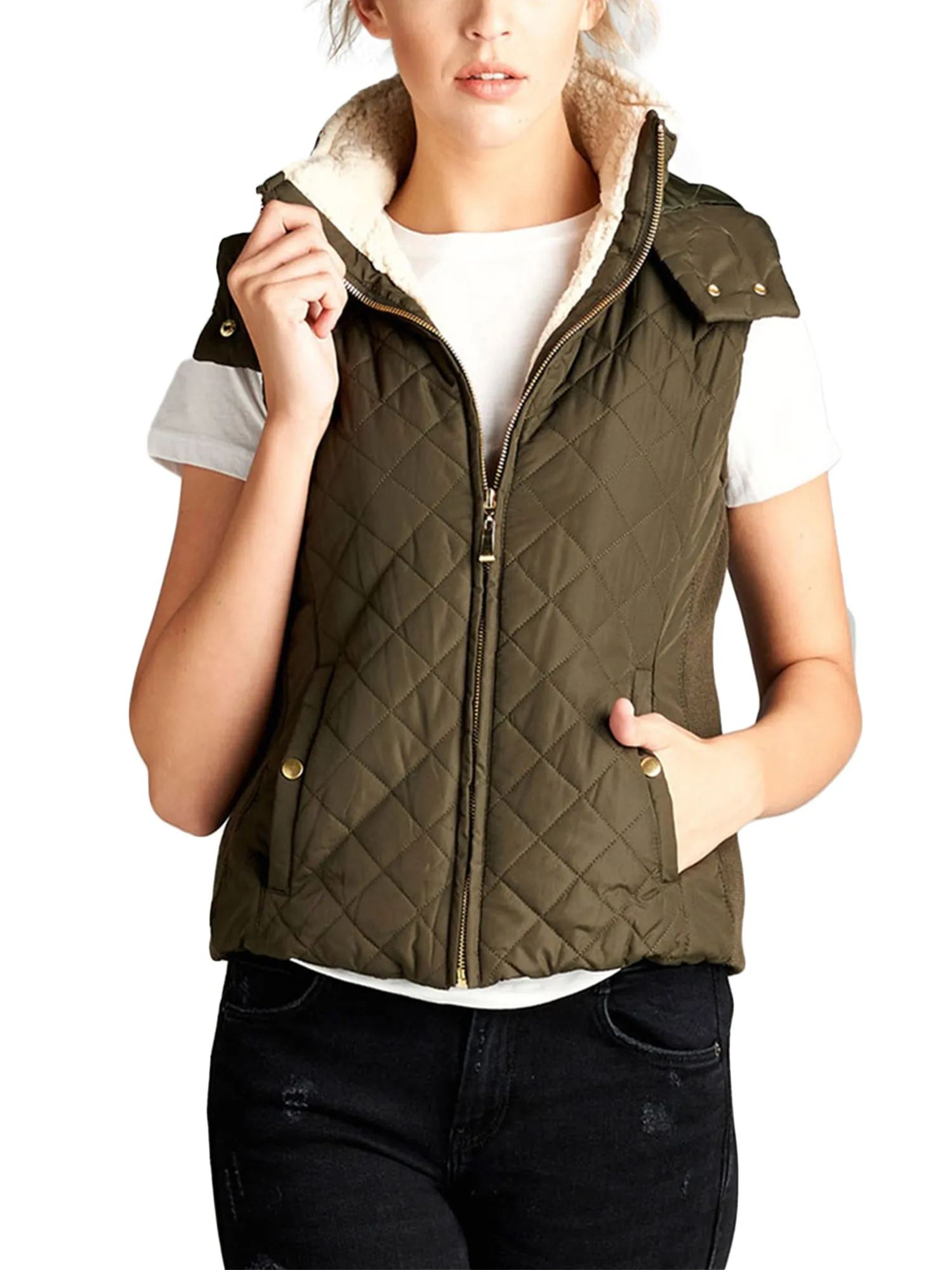 KOGMO Women's Quilted Lightweight Hoodie Vest with Sherpa Line Detail