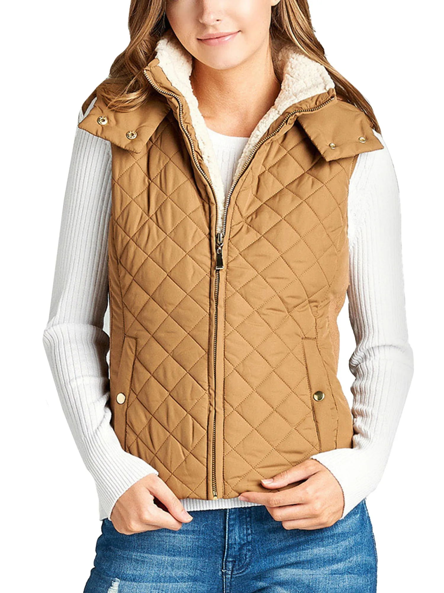 KOGMO Women's Quilted Lightweight Hoodie Vest with Sherpa Line Detail