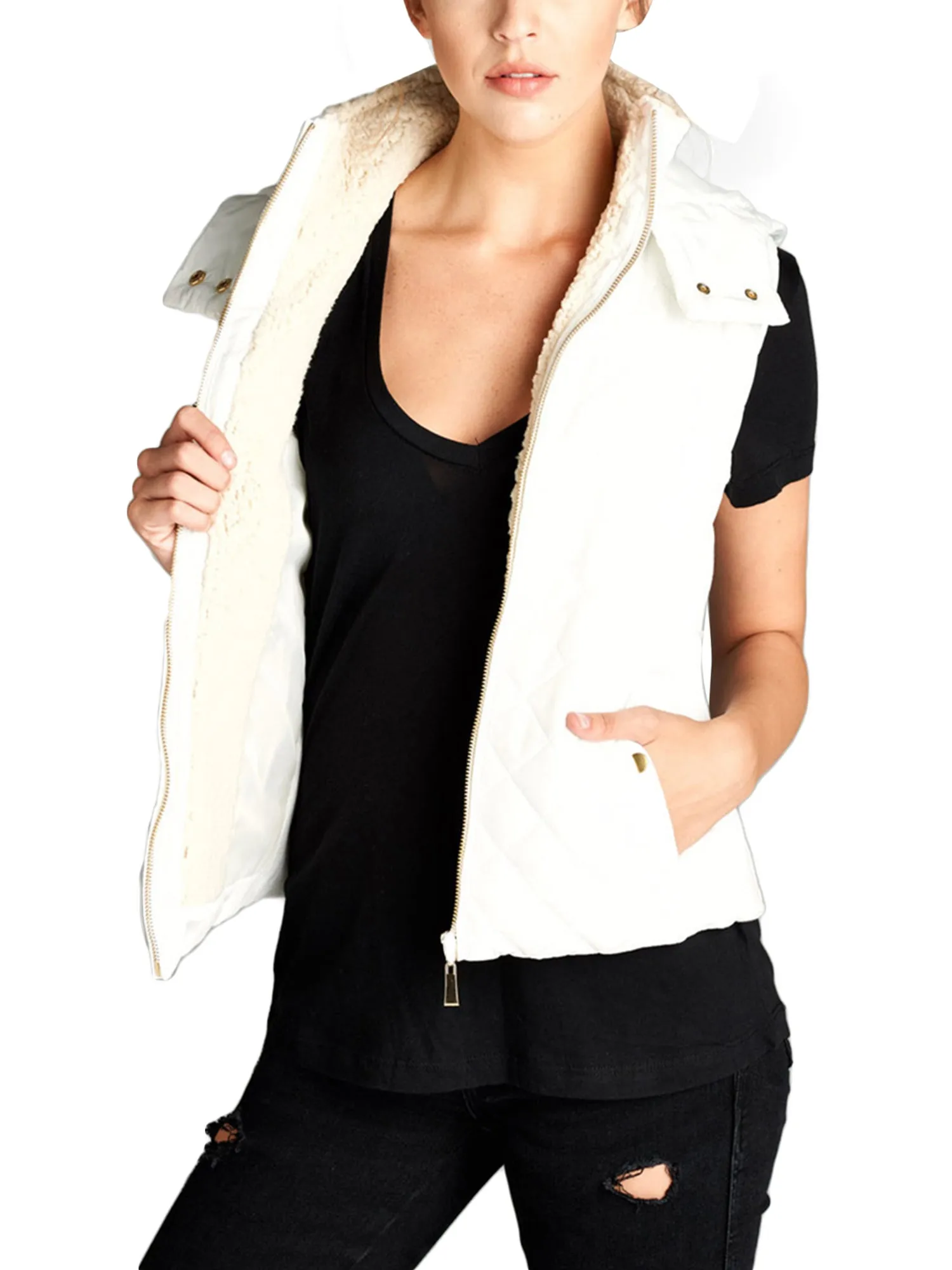 KOGMO Women's Quilted Lightweight Hoodie Vest with Sherpa Line Detail