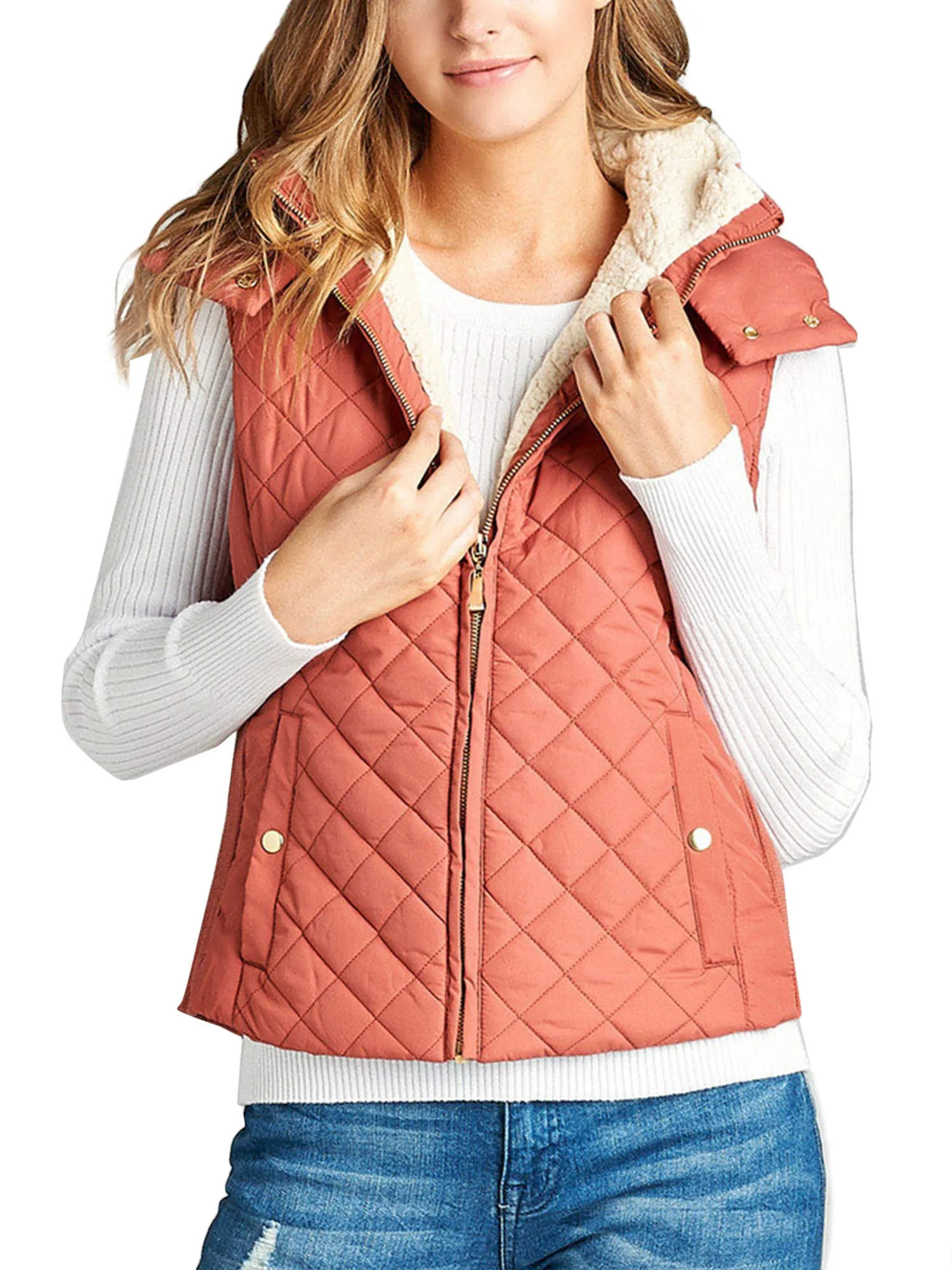 KOGMO Women's Quilted Lightweight Hoodie Vest with Sherpa Line Detail