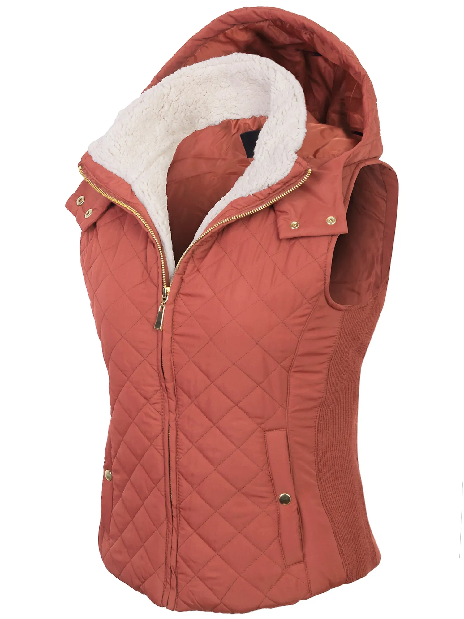 KOGMO Women's Quilted Lightweight Hoodie Vest with Sherpa Line Detail