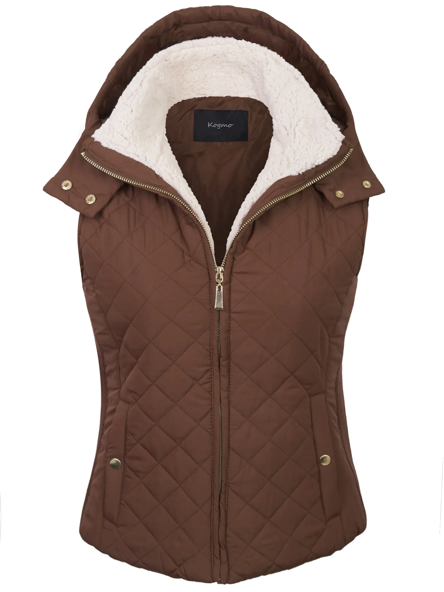 KOGMO Women's Quilted Lightweight Hoodie Vest with Sherpa Line Detail