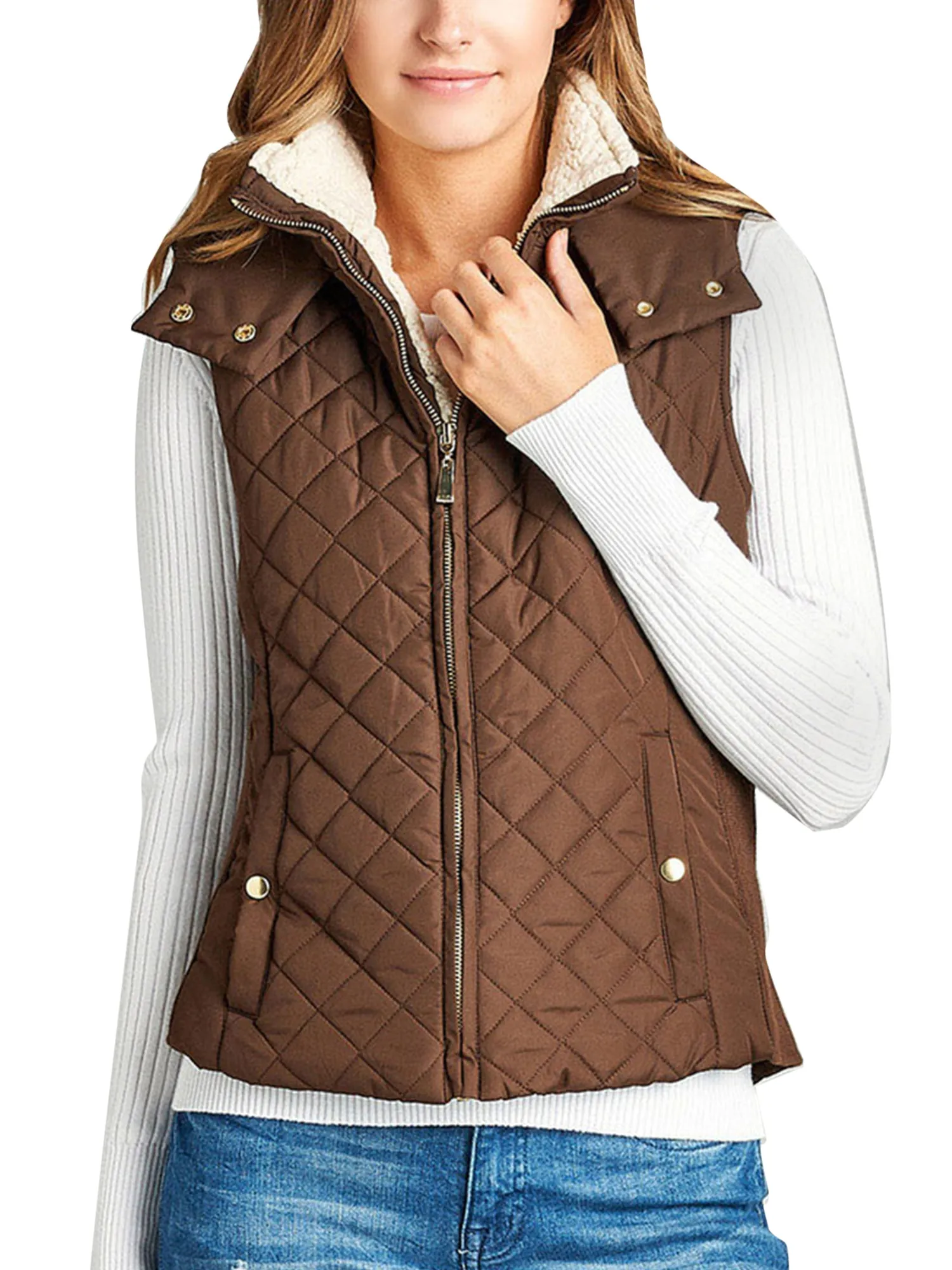 KOGMO Women's Quilted Lightweight Hoodie Vest with Sherpa Line Detail