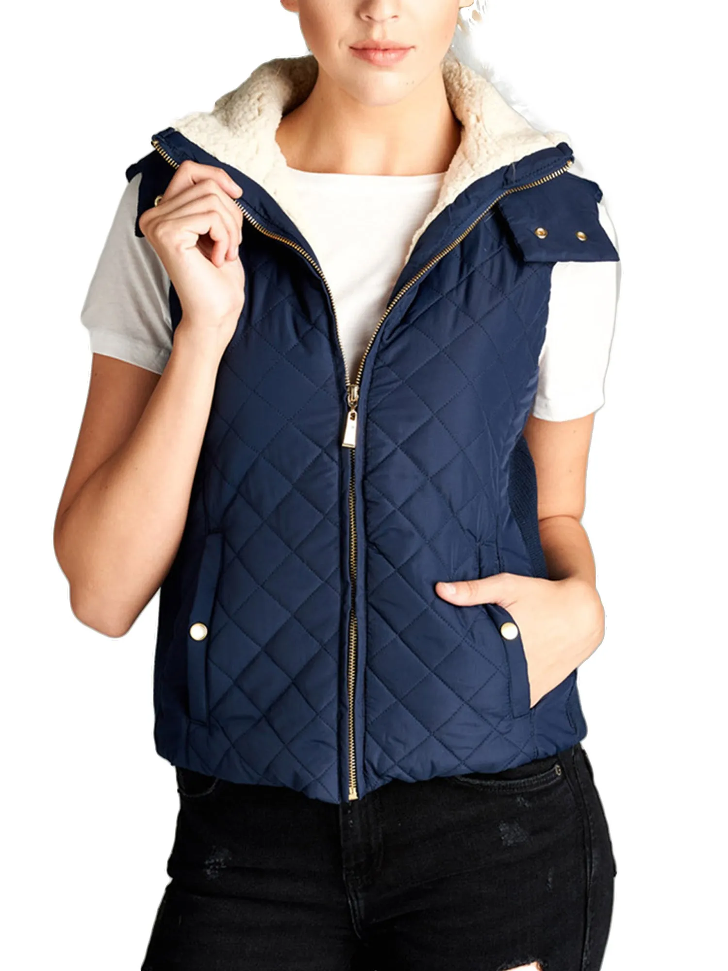 KOGMO Women's Quilted Lightweight Hoodie Vest with Sherpa Line Detail