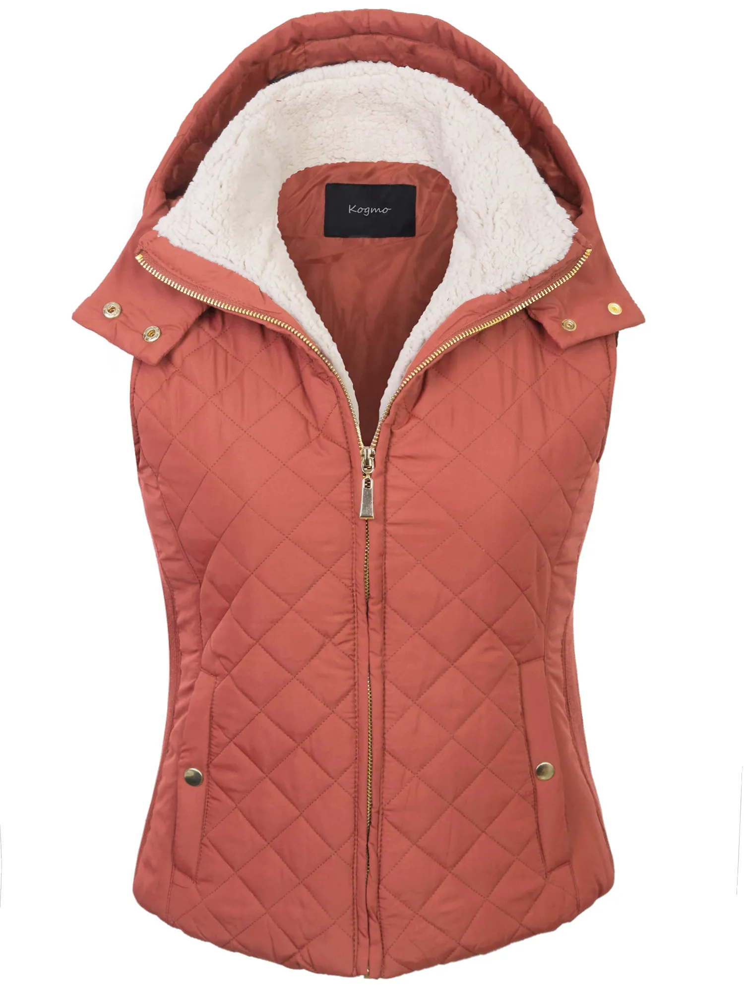 KOGMO Women's Quilted Lightweight Hoodie Vest with Sherpa Line Detail