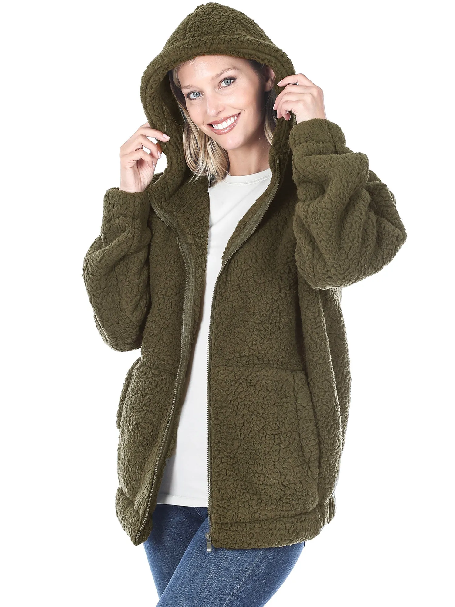 KOGMO Women's Soft Sherpa Zip Up Jacket with Hoodie