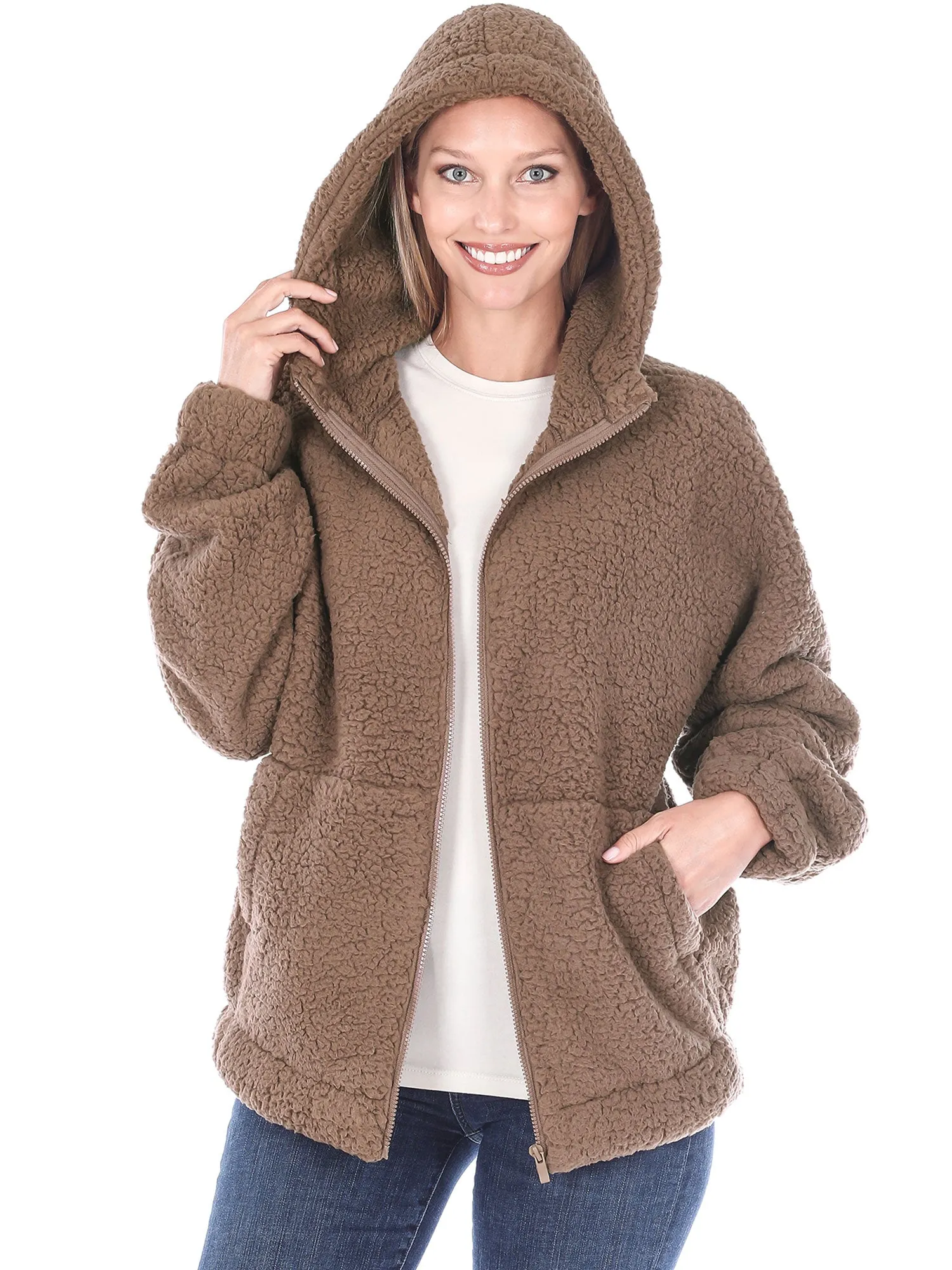 KOGMO Women's Soft Sherpa Zip Up Jacket with Hoodie