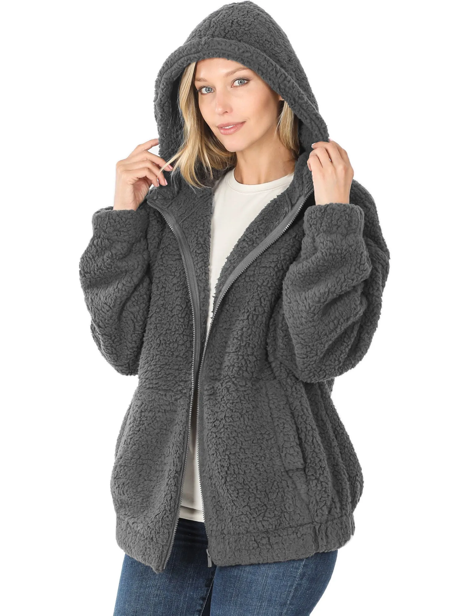 KOGMO Women's Soft Sherpa Zip Up Jacket with Hoodie