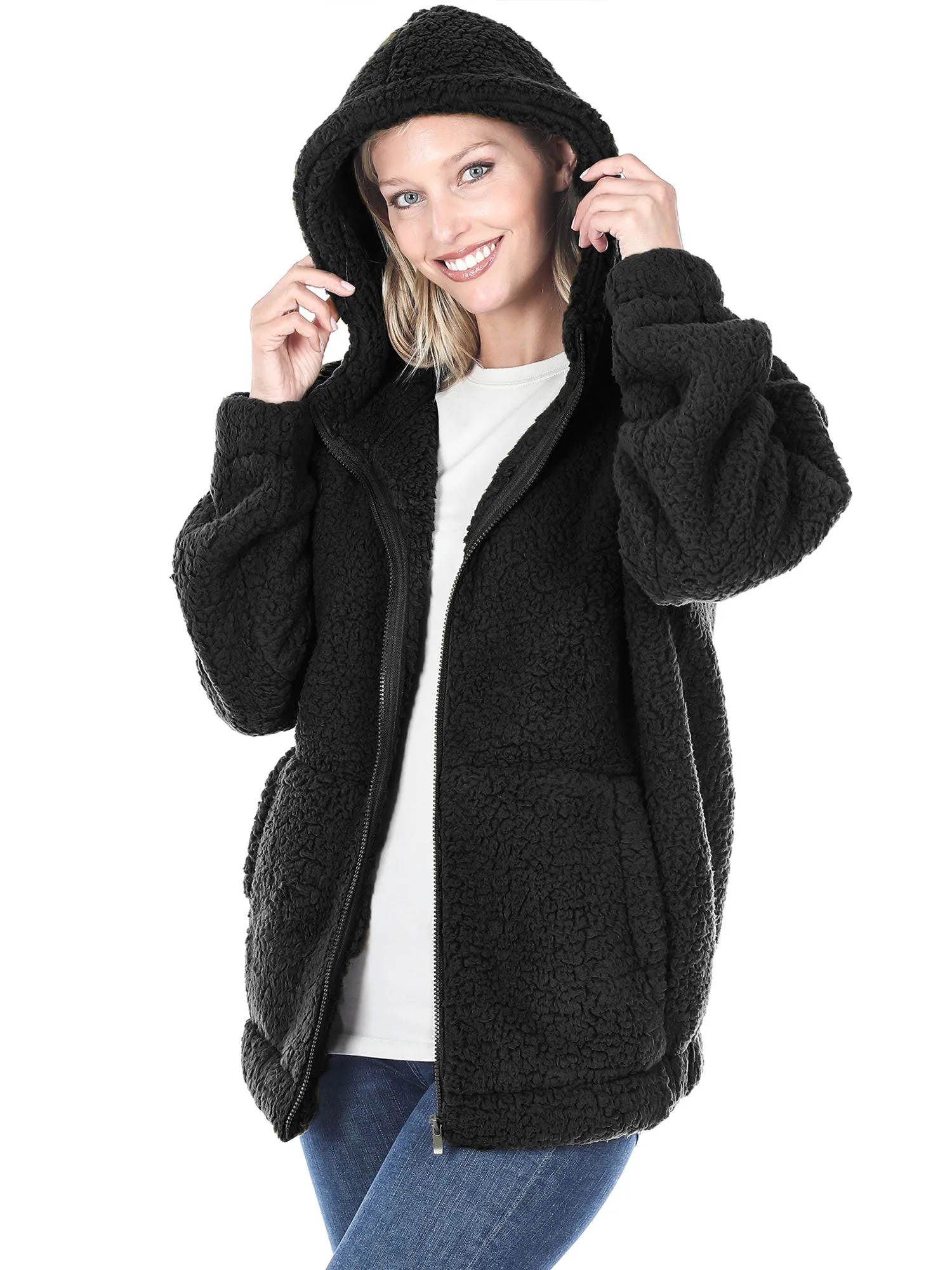 KOGMO Women's Soft Sherpa Zip Up Jacket with Hoodie