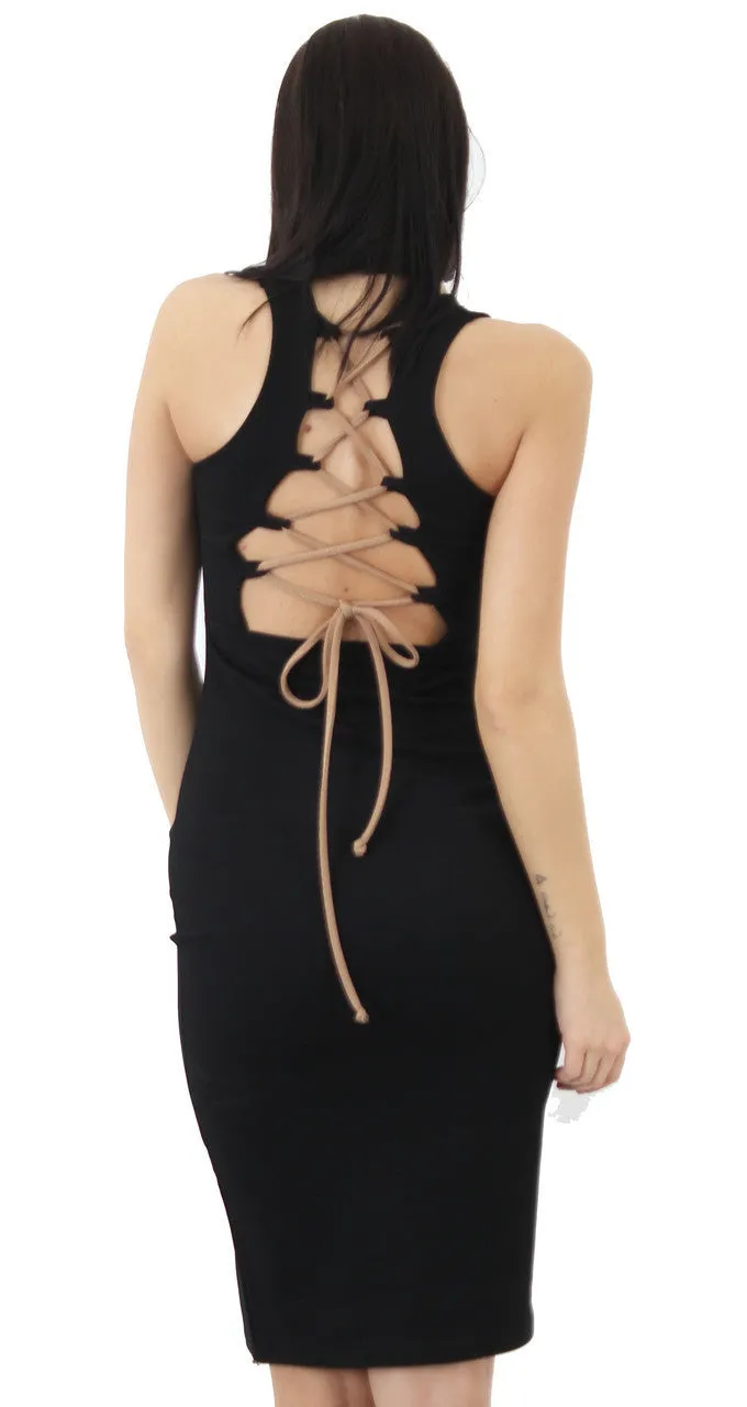 Lace Up Back Bodycon Midi Dress