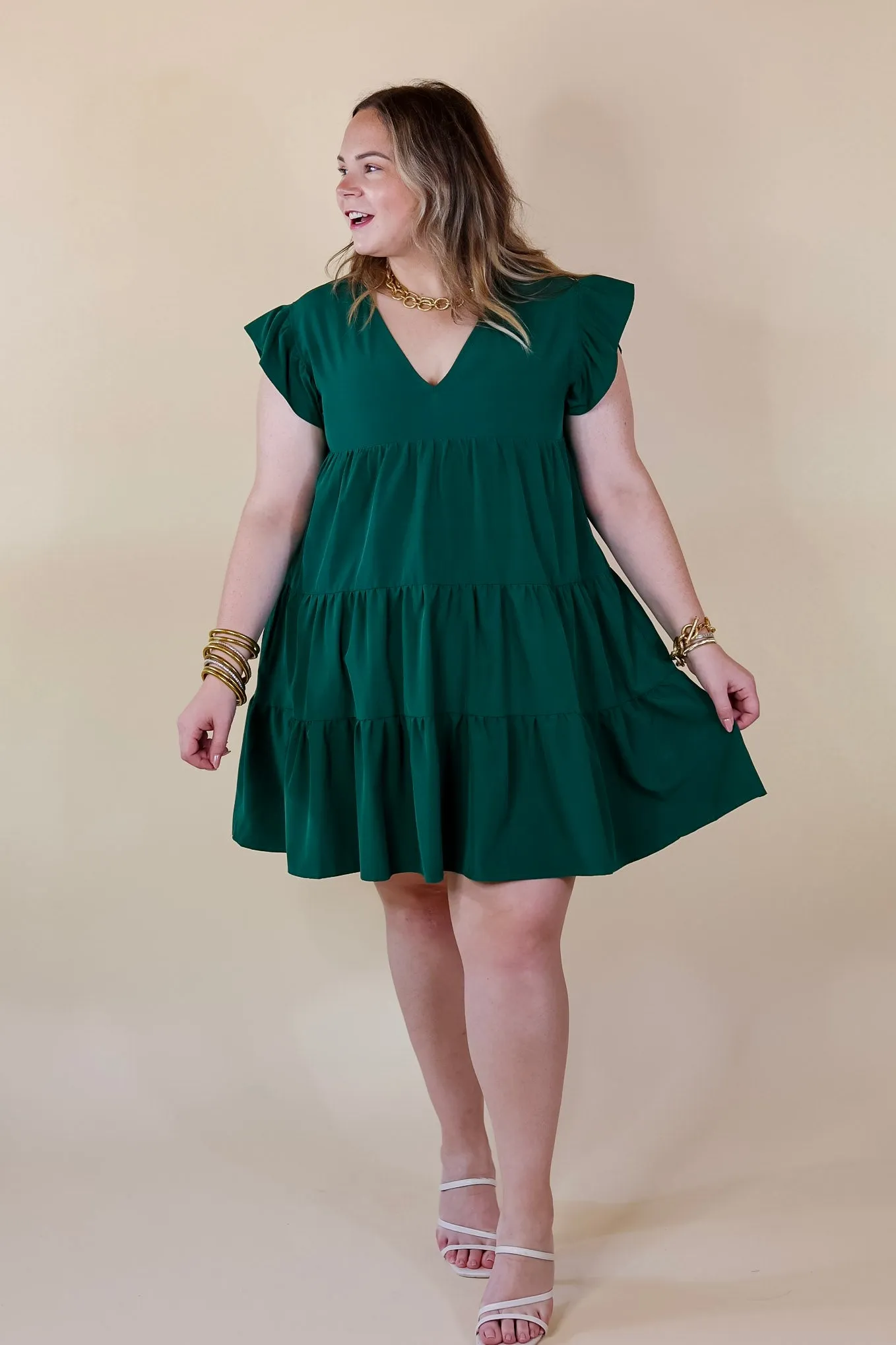 Last Chance Size Medium | Delightful Endeavor Ruffle Cap Sleeve Tiered Dress in Hunter Green