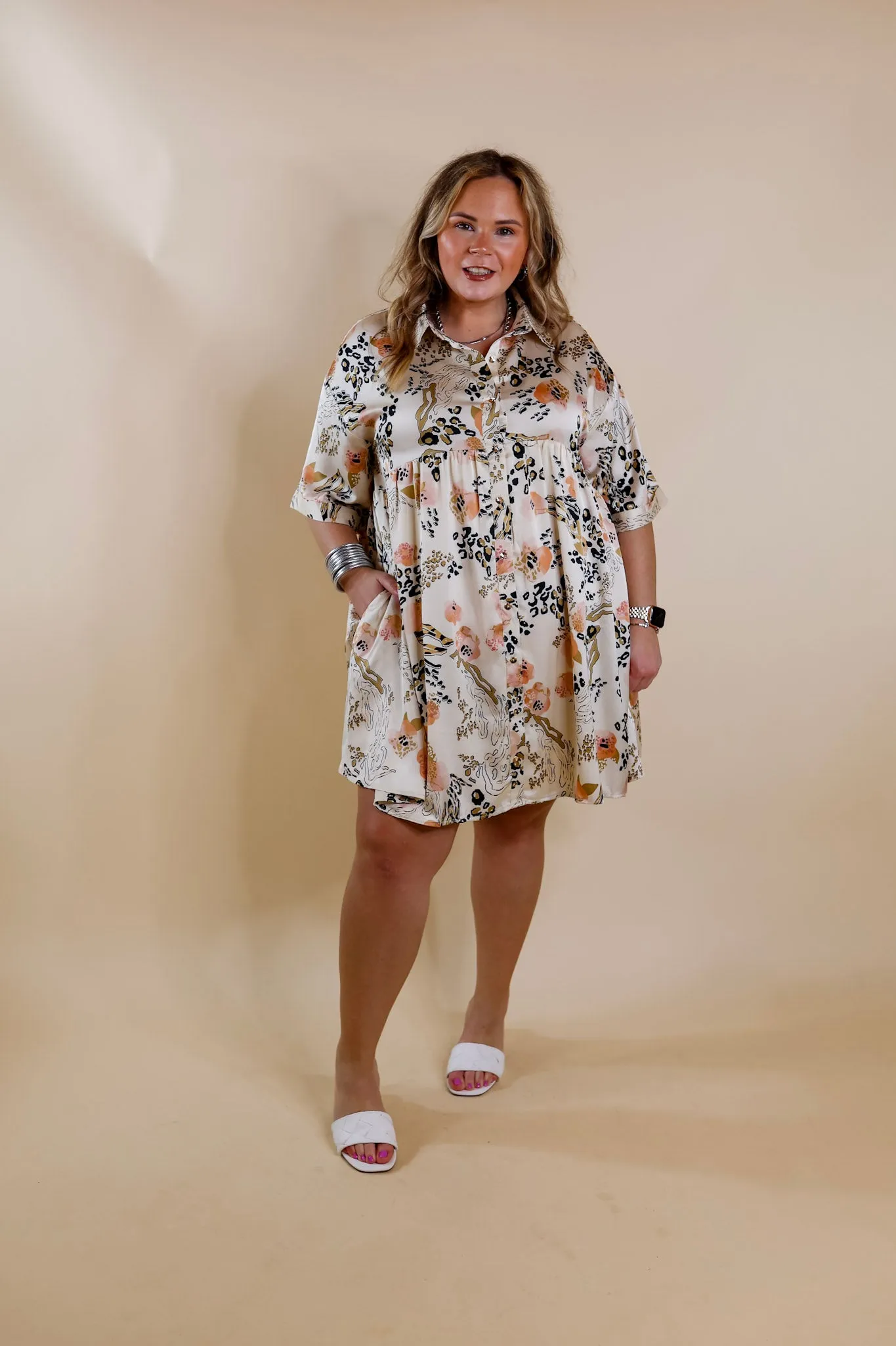 Last Chance Size Small | Ready To Flaunt Button Up Mix Print Satin Babydoll Dress in Ivory