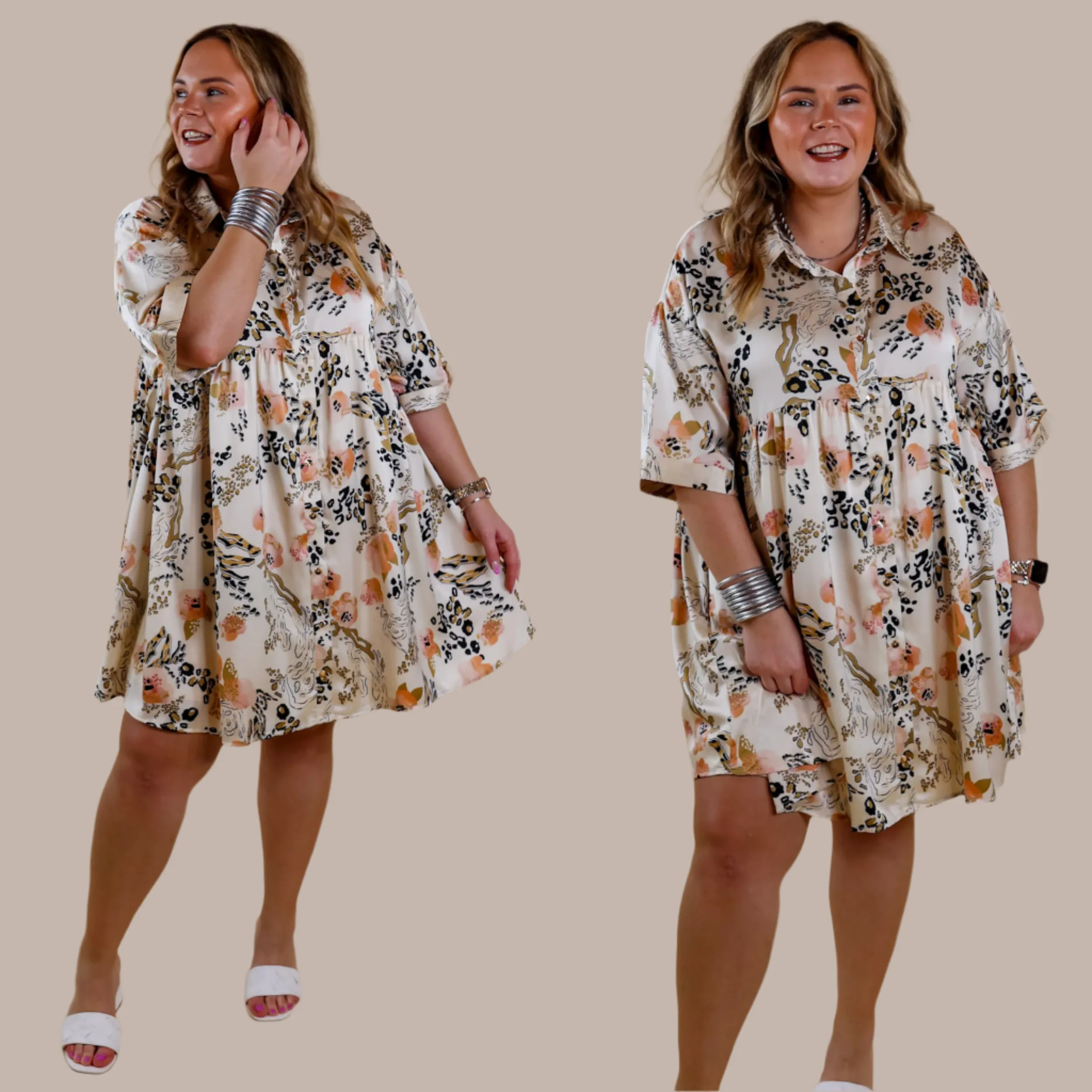 Last Chance Size Small | Ready To Flaunt Button Up Mix Print Satin Babydoll Dress in Ivory