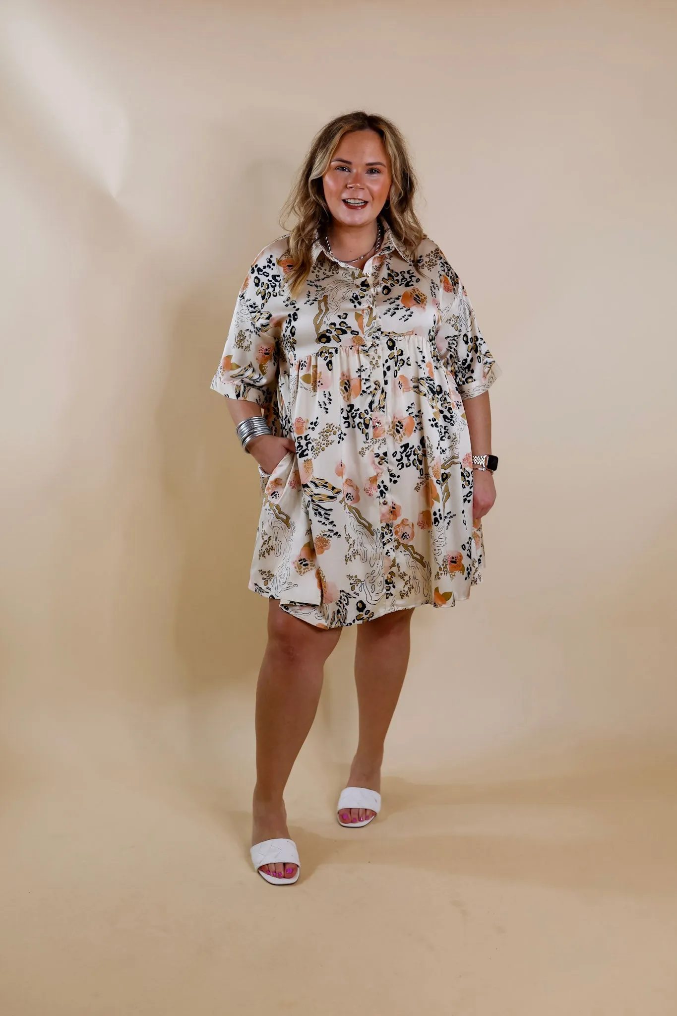 Last Chance Size Small | Ready To Flaunt Button Up Mix Print Satin Babydoll Dress in Ivory