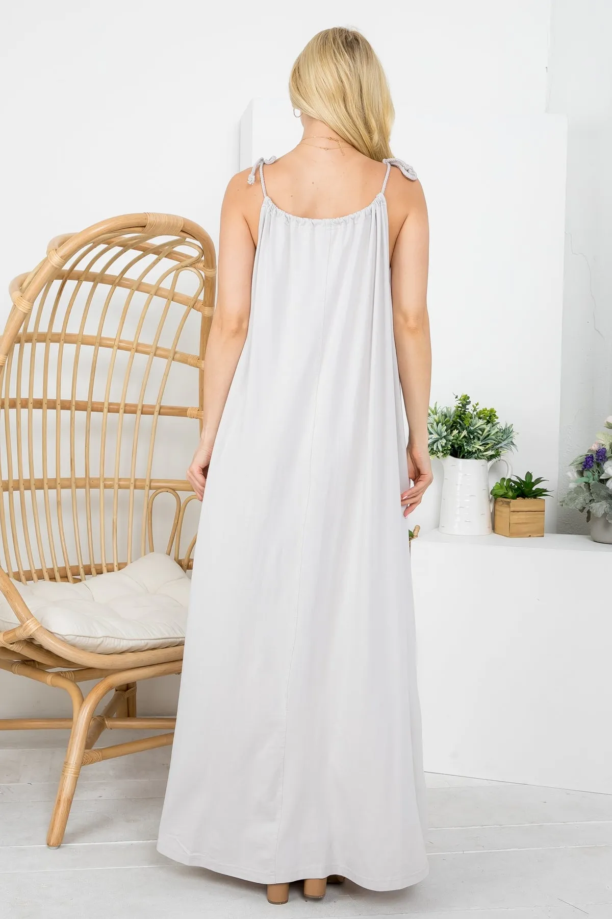 LIGHT GRAY ADJUSTABLE SHOULDER TIE MAXI DRESS