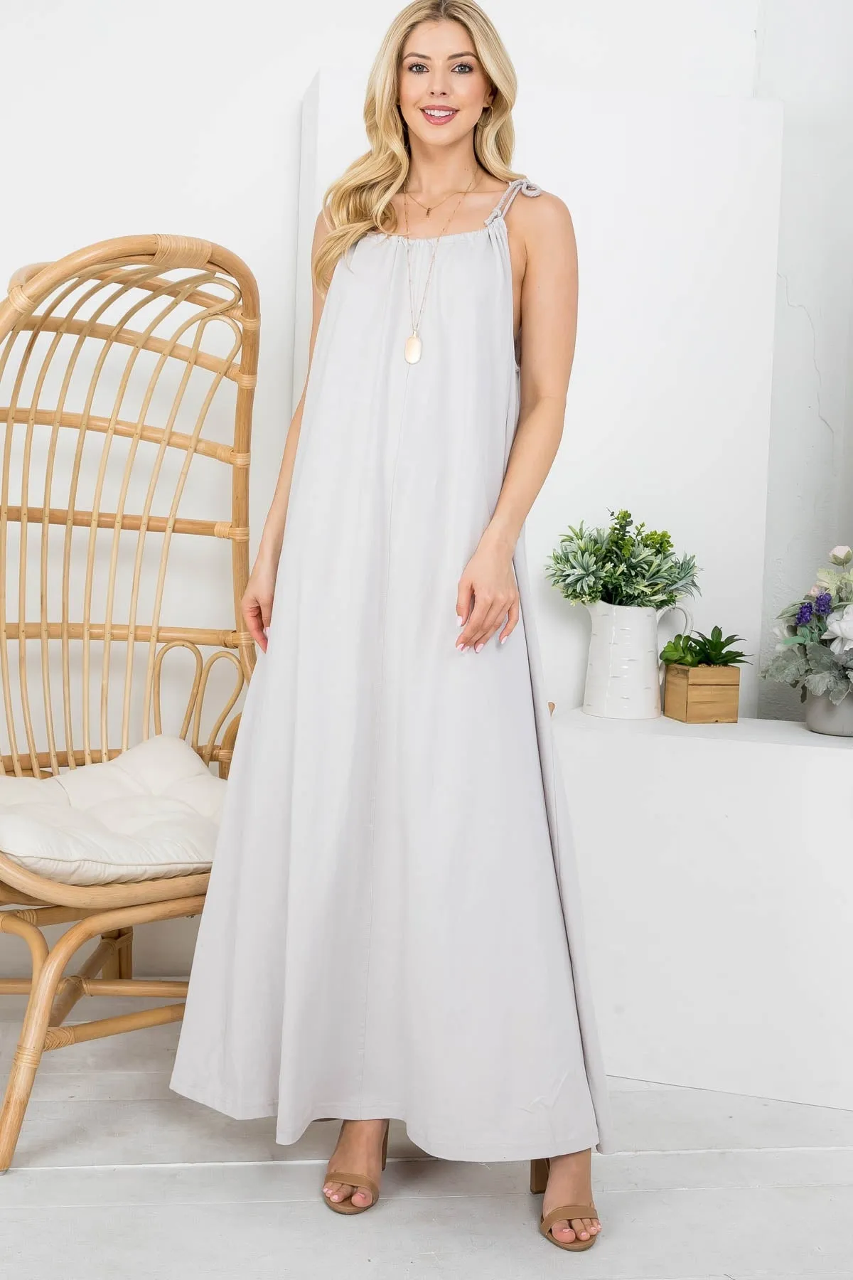 LIGHT GRAY ADJUSTABLE SHOULDER TIE MAXI DRESS