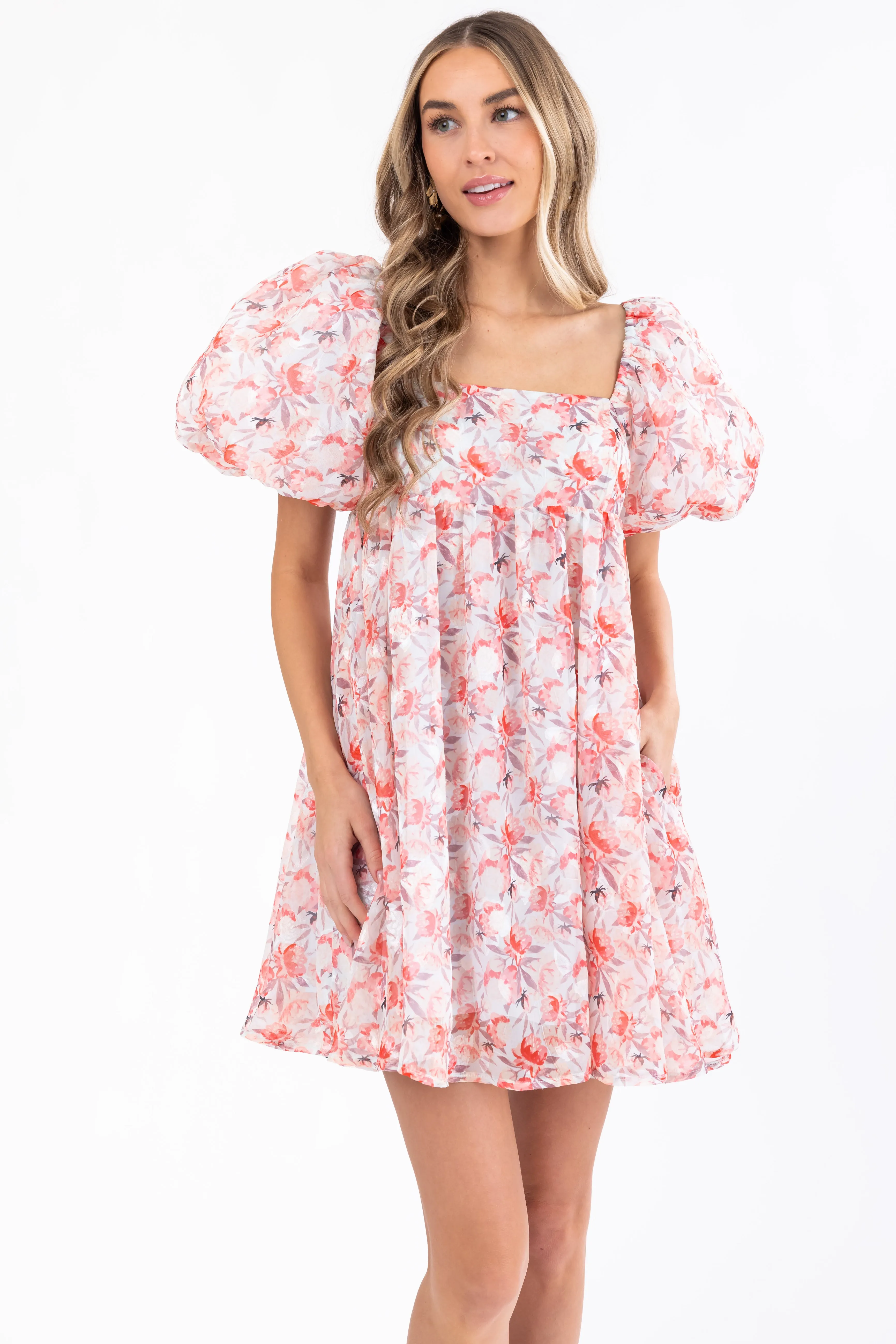 Lipstick Floral Print Puff Sleeve Mini Dress