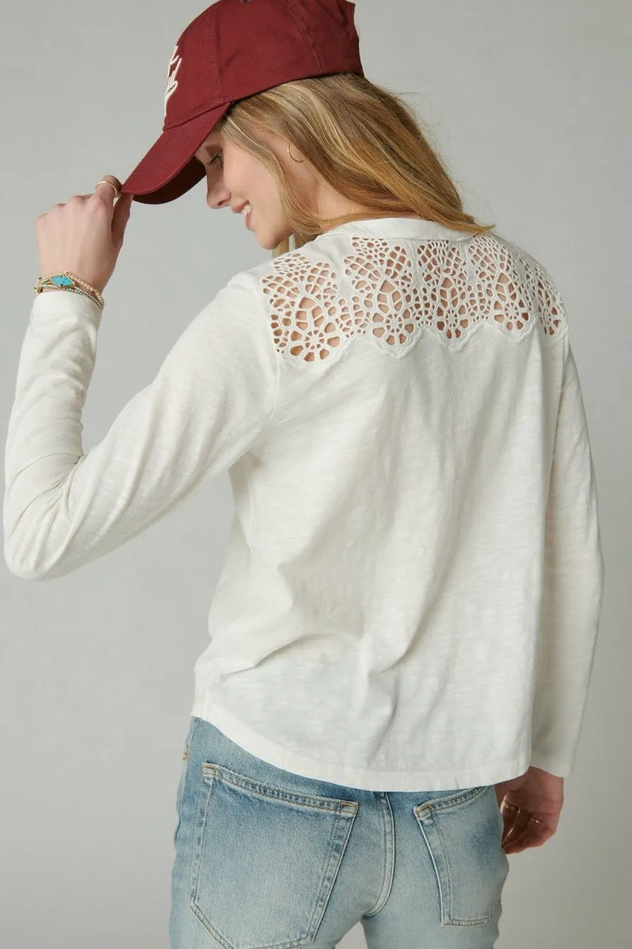 Long Sleeve Cutwork Henley - White