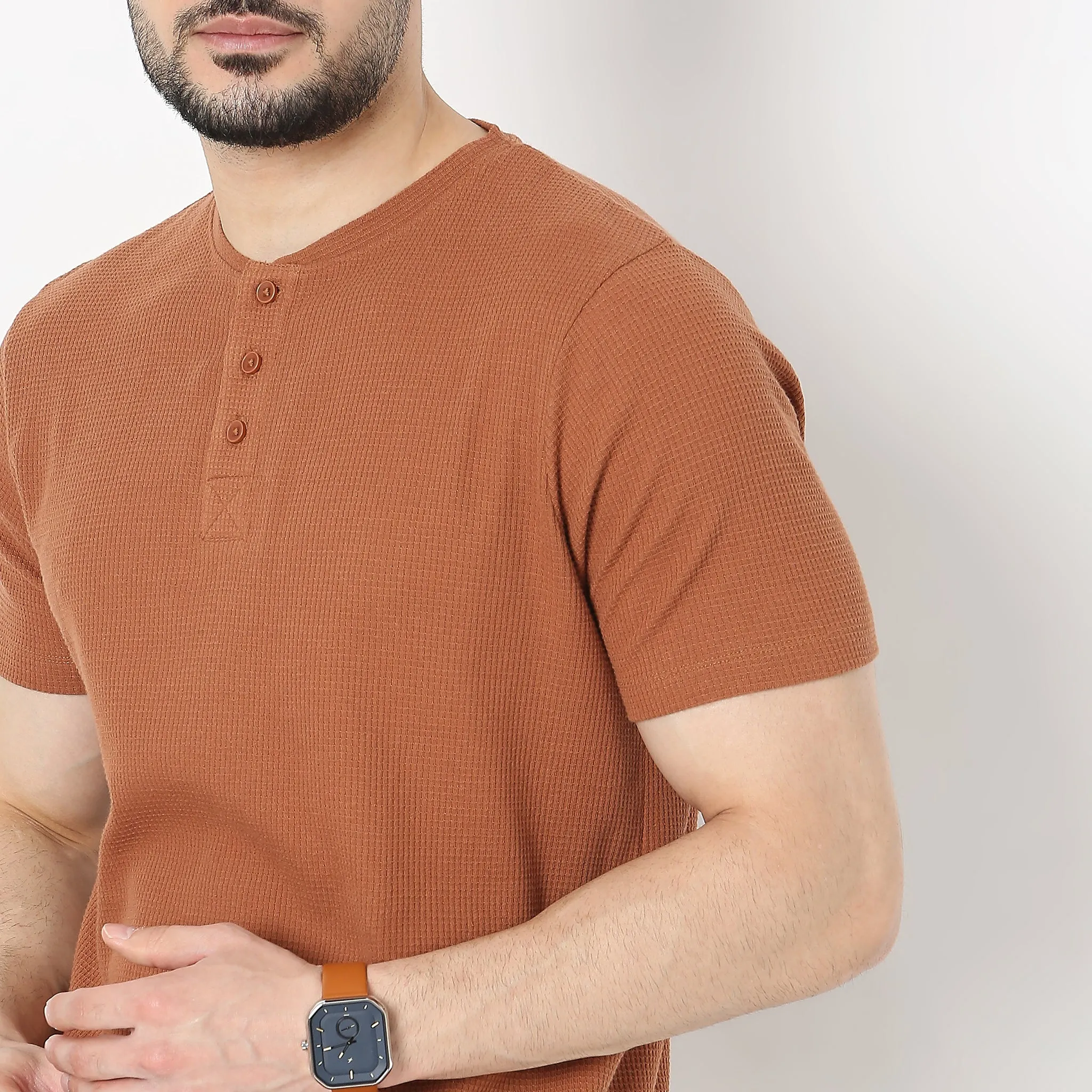 Lumberjackᵘˣ Henley in Micro Waffle Structured Fabric - Warm Feeling for Comfort Regular Solid  Sweat Tee