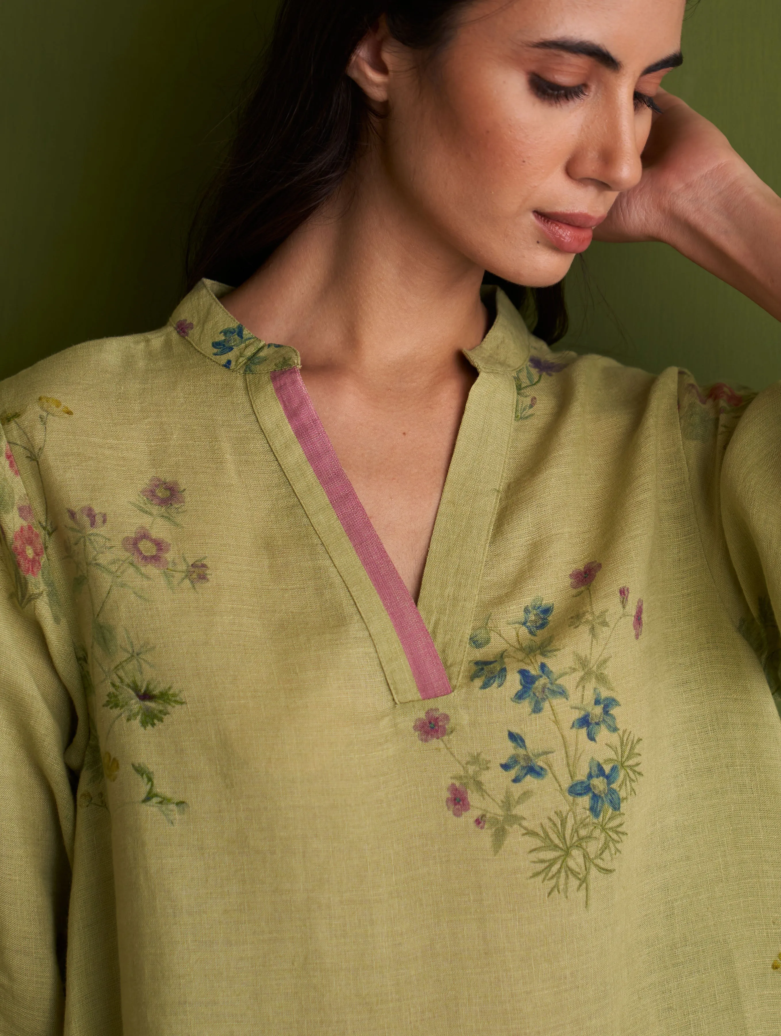 Maho Botanical Linen Kurta Set - Fern