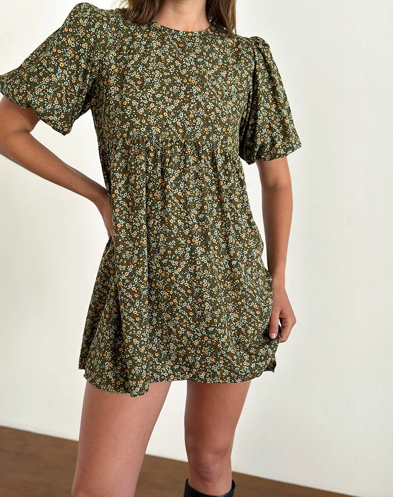 Marate Puff Sleeve Mini Dress in Grunge Floral Khaki