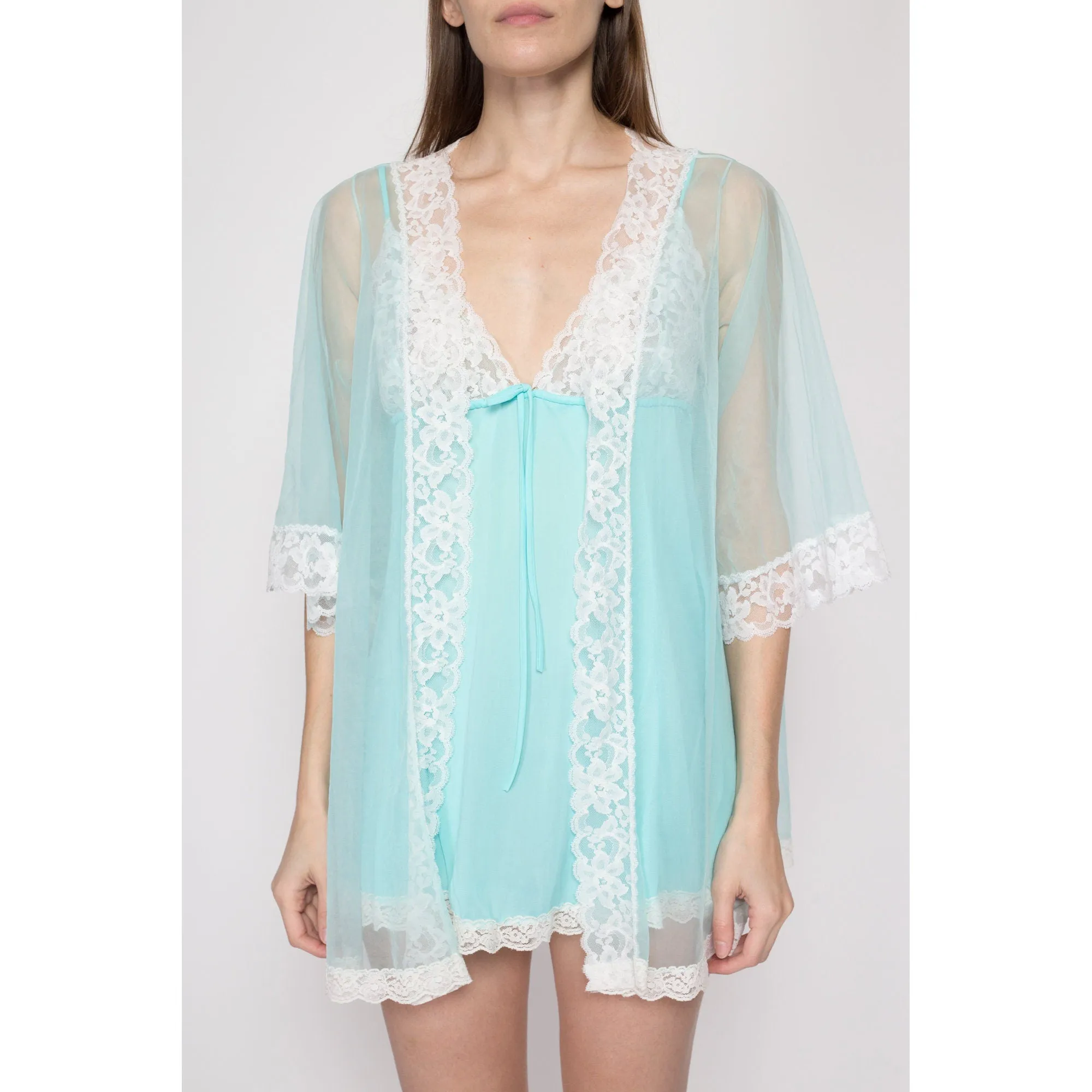 Medium 60s Blue Chiffon Babydoll Peignoir Set